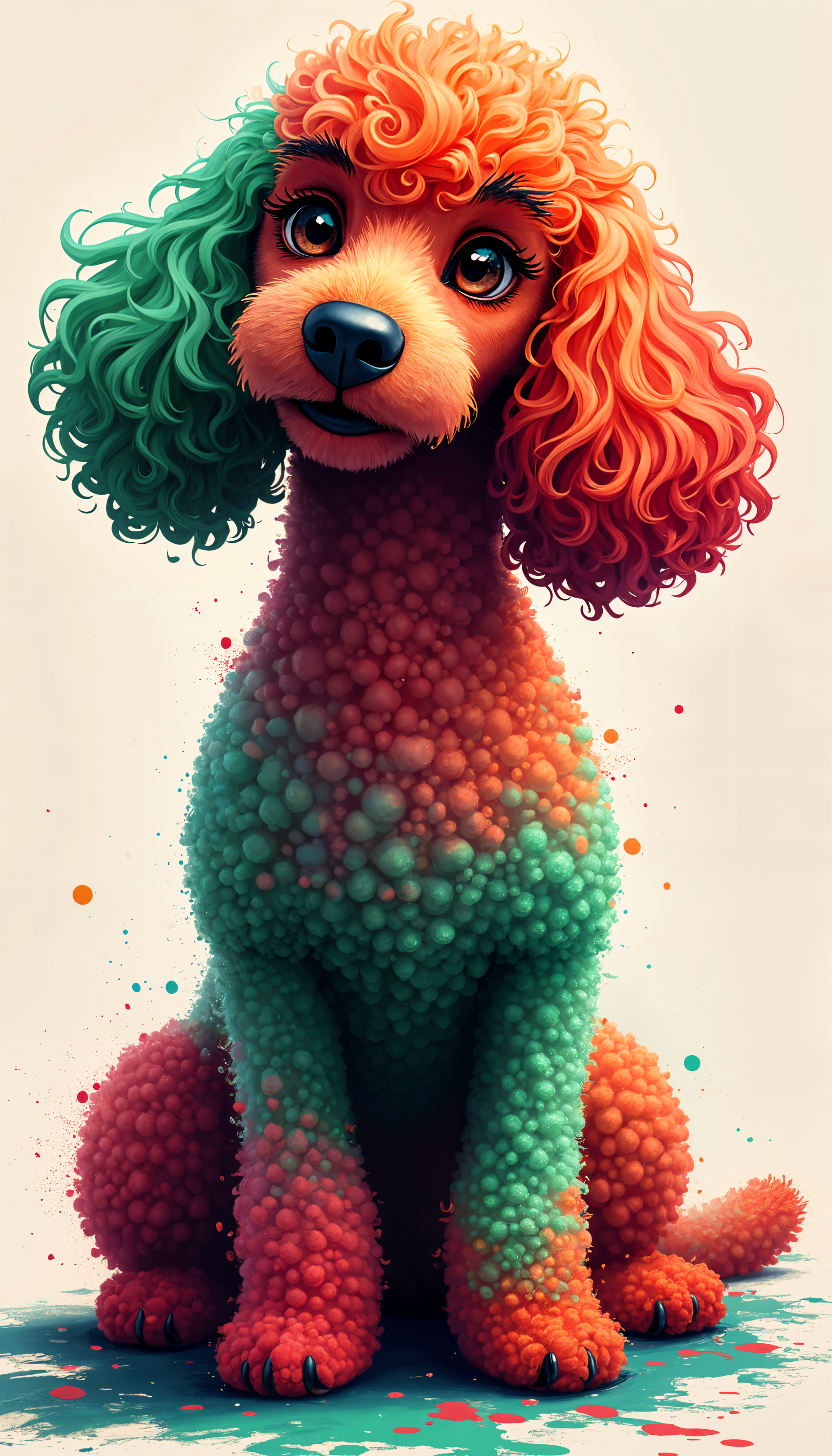 A colorful poodle with vibrant green and orange curls sits playfully, surrounded by splashes of paint, creating a lively and artistic phone wallpaper design.