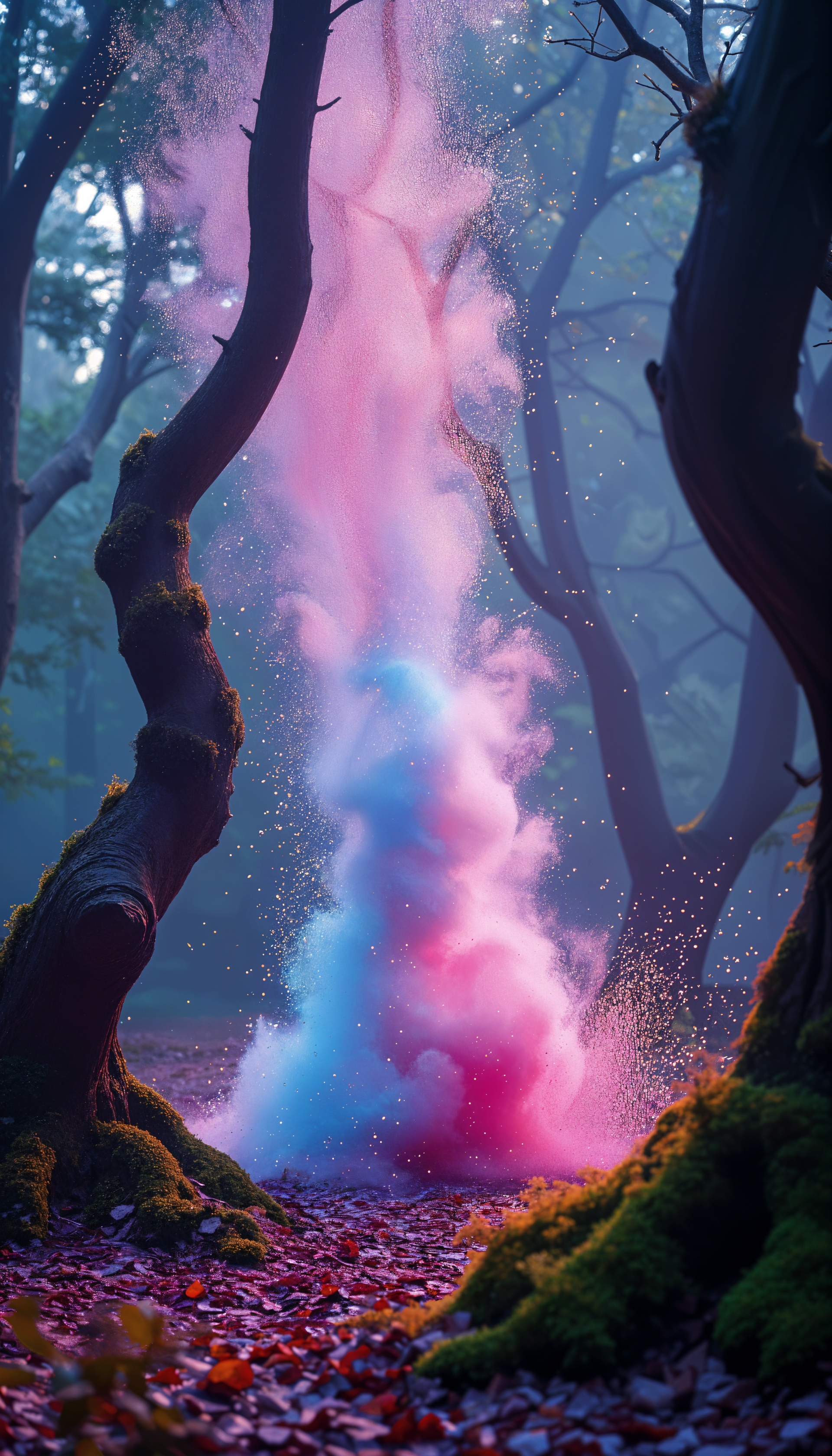 Colorful pink and blue smoke swirls up through a misty, magical forest, framed by dark twisted trees, creating a vibrant phone wallpaper for iPhones and Android devices.