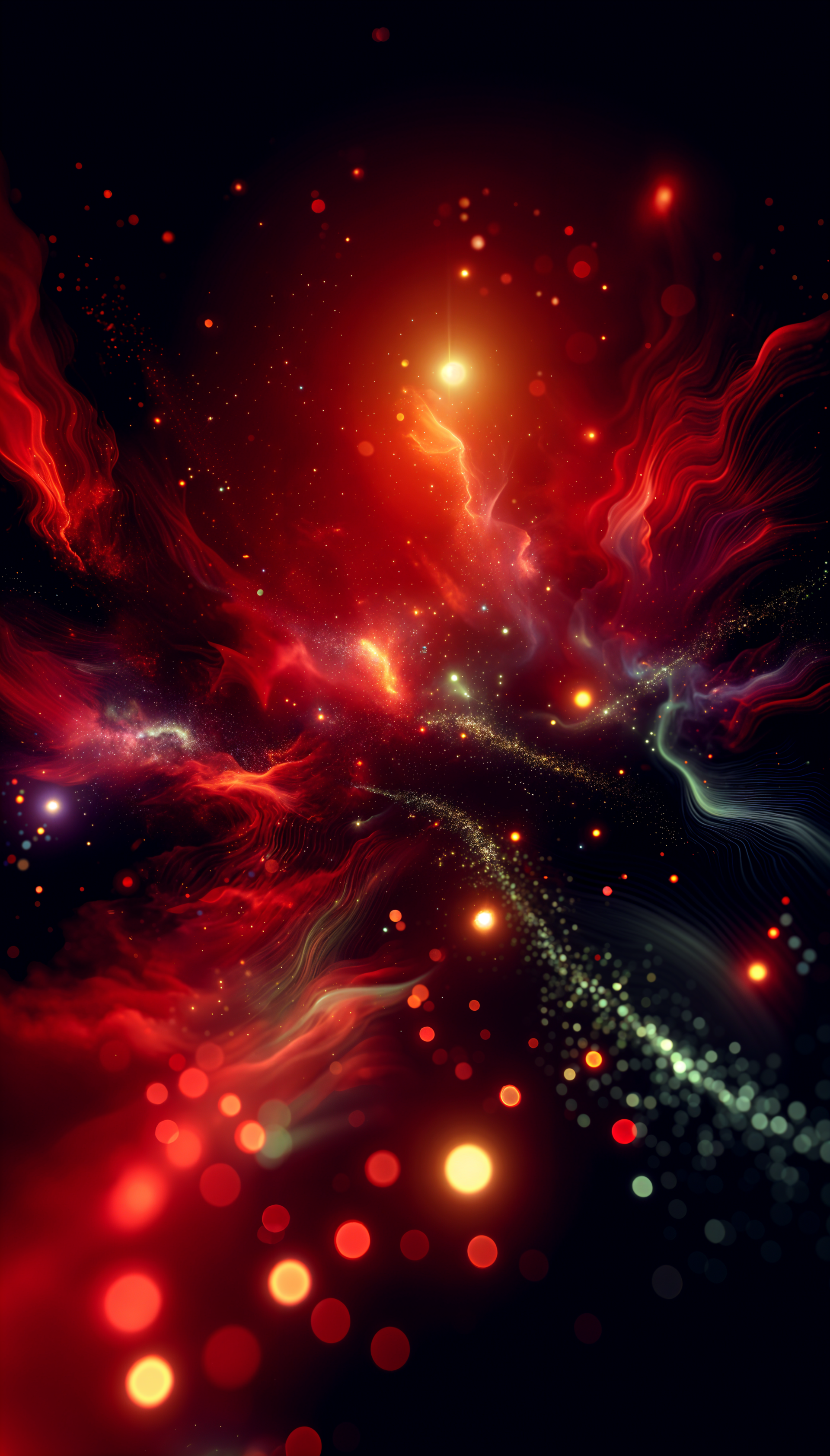 A vibrant phone wallpaper featuring a swirling cosmic design in black and red, illuminated with glowing orbs and dynamic, flowing patterns.