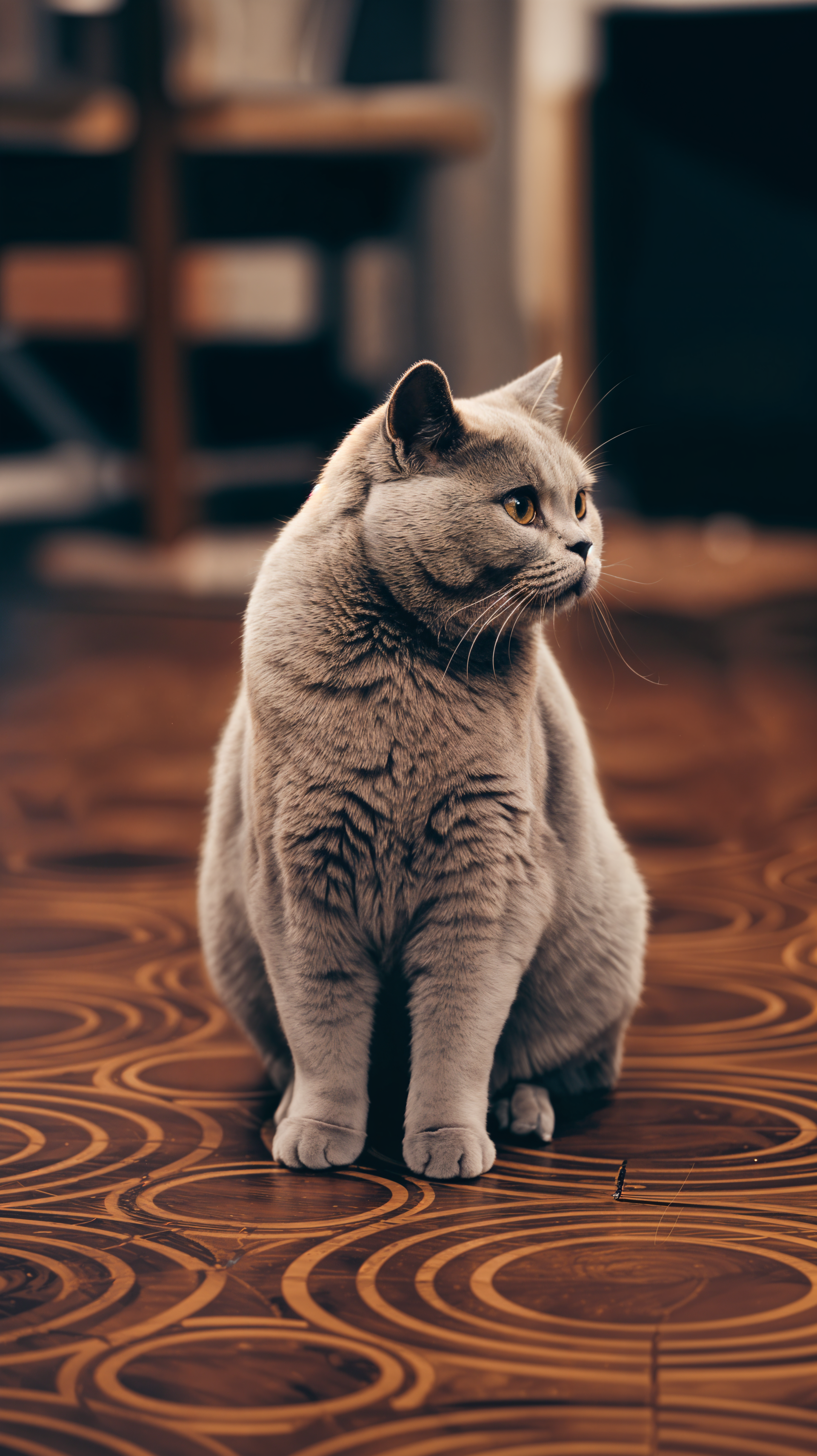 A British Shorthair cat sits gracefully on a patterned wooden floor, gazing thoughtfully to the side, creating an appealing image for a phone wallpaper.