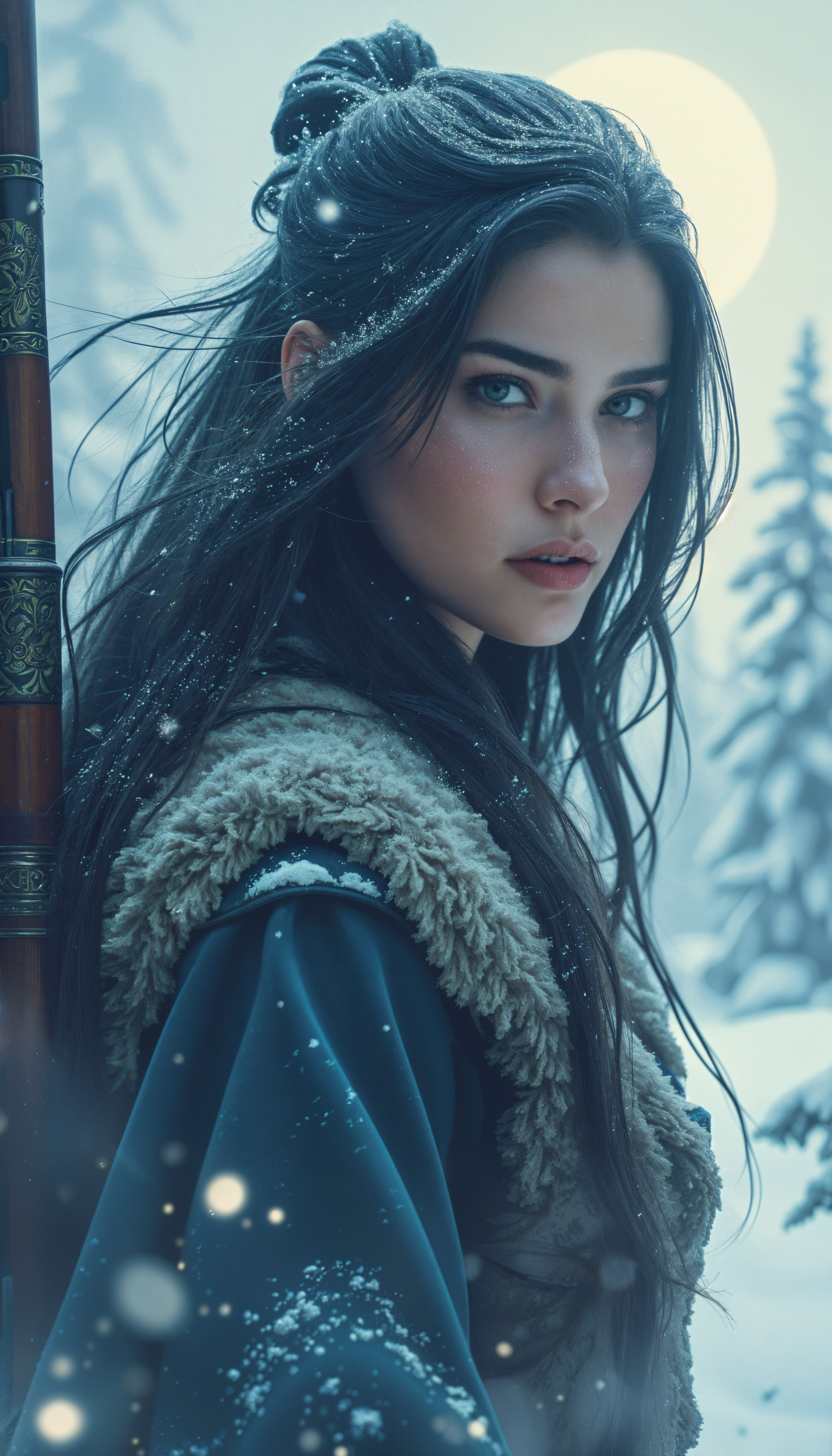 A young woman with long, flowing hair gazes intently at the viewer, set against a snowy forest backdrop with soft snowflakes falling around her. Moonlight illuminates the scene.