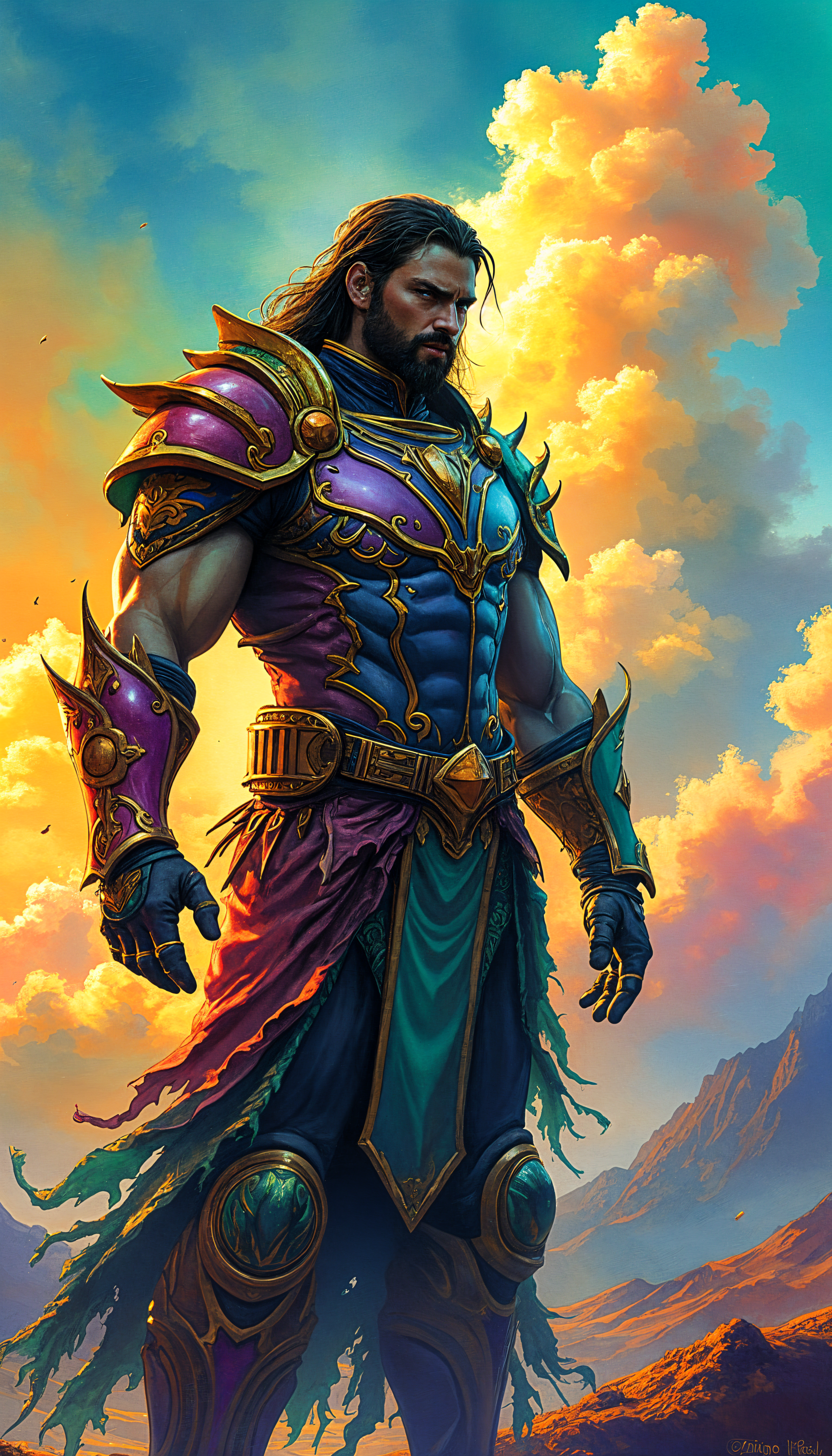 A powerful warrior stands confidently against a backdrop of vibrant clouds and mountains, showcasing intricate armor and a striking color palette for a captivating phone wallpaper.