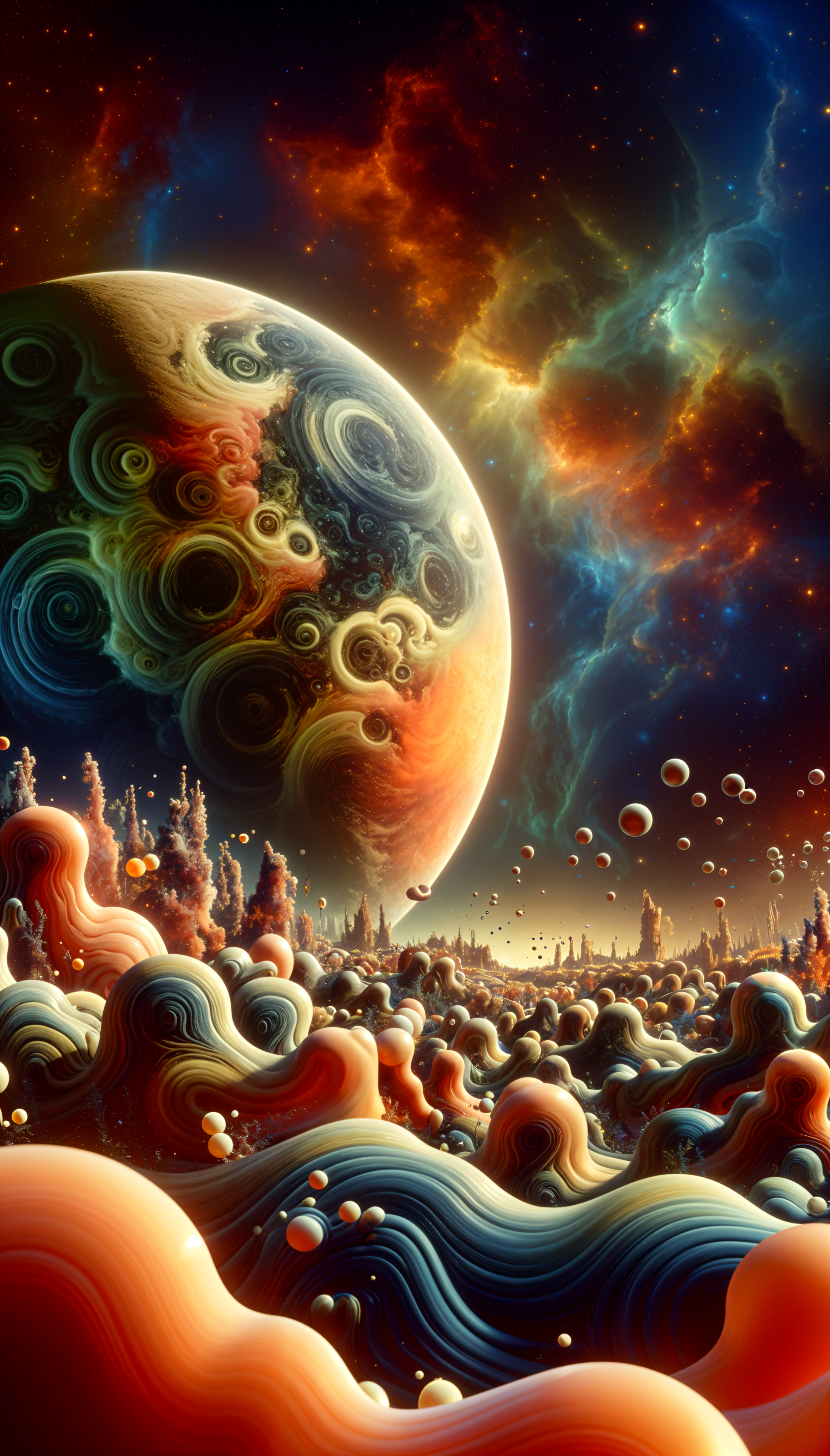 Abstract colorful exoplanet and surreal alien landscape with swirling patterns and vibrant cosmic clouds, designed as a phone wallpaper for iPhone and Android devices.