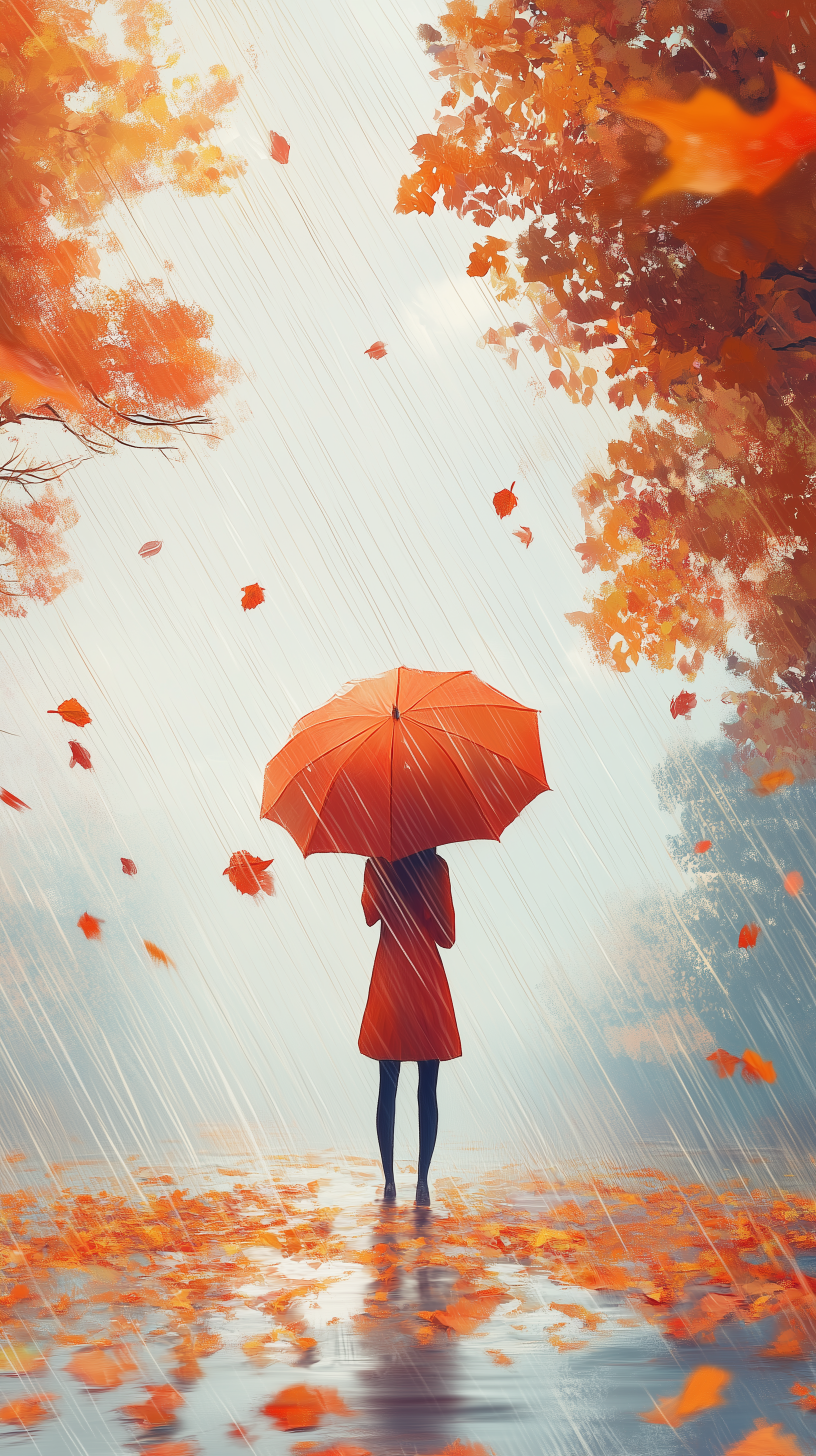 A serene fall wallpaper featuring a figure holding an orange umbrella amidst falling leaves and gentle rain, capturing the essence of autumn weather.