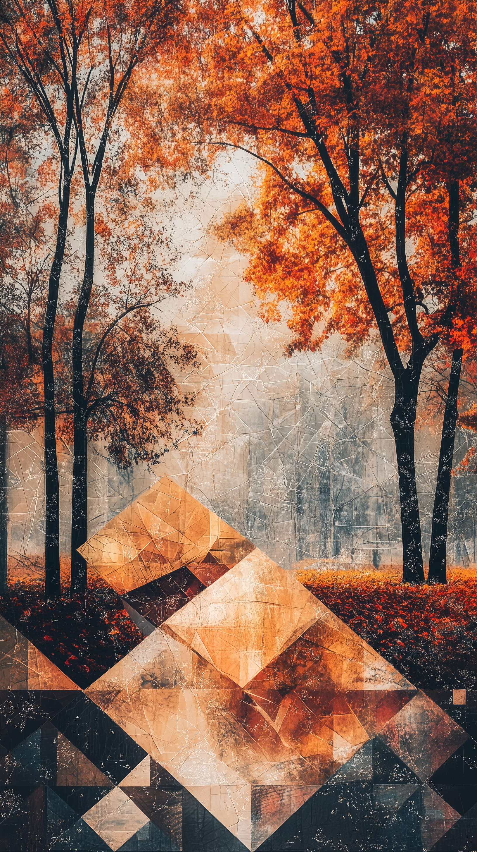 A captivating phone wallpaper featuring a misty fall landscape with vibrant orange and red foliage, complemented by geometric shapes in the foreground, evoking the essence of autumn weather.