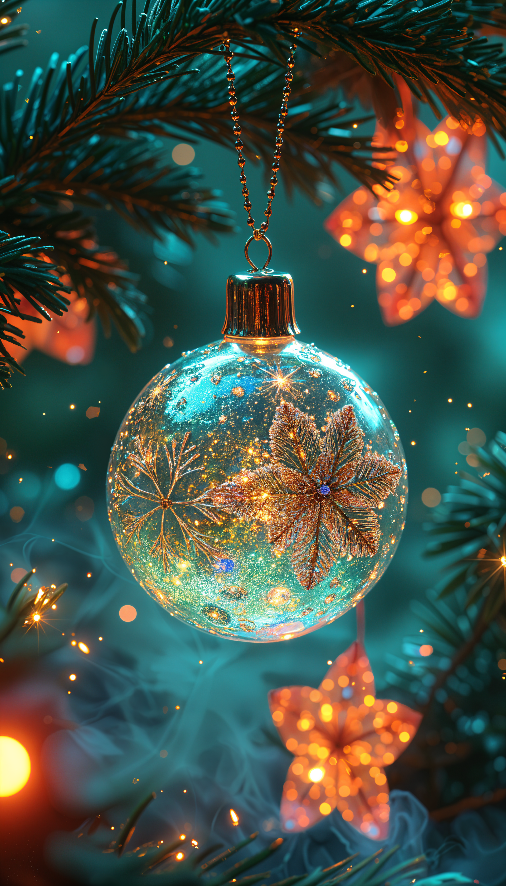 Christmas ornaments with golden floral designs hang on a pine branch, surrounded by glowing star-shaped lights and soft holiday bokeh, captured as a vibrant phone wallpaper.