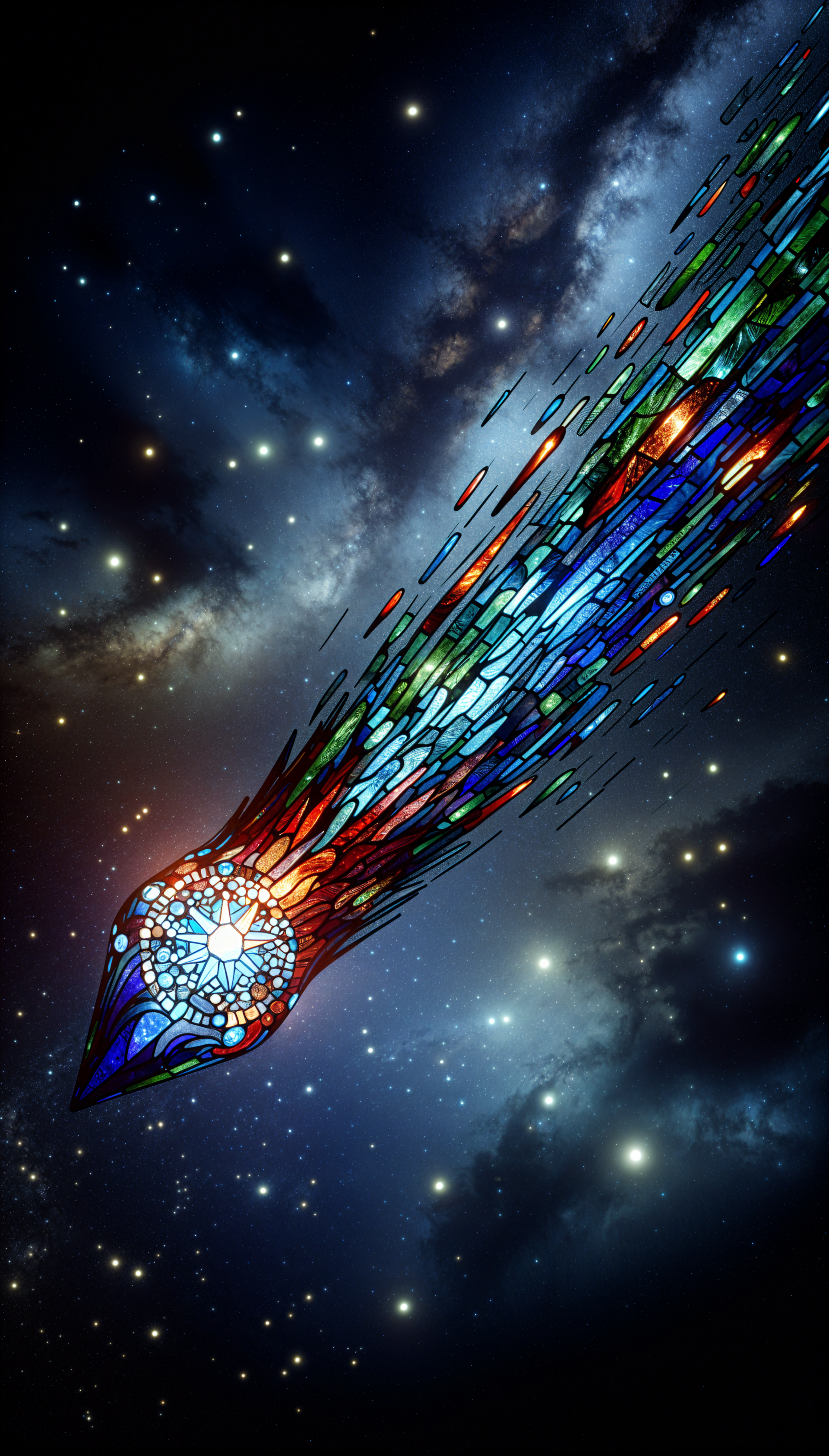 A vibrant stained glass meteor streaks through a starry galaxy, creating a mesmerizing phone wallpaper that captures the beauty of cosmic movement.