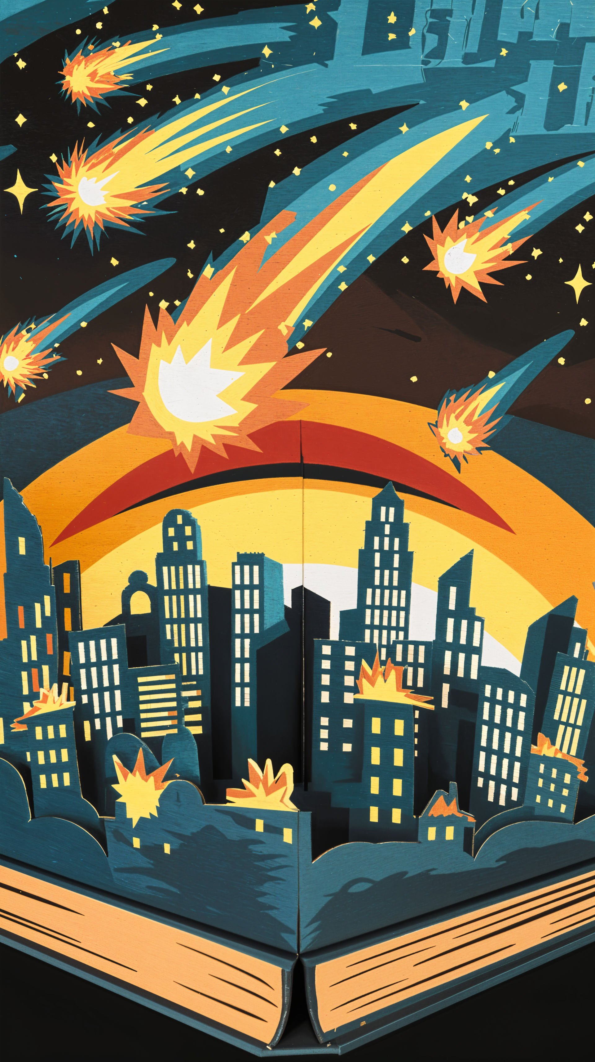 A vibrant phone wallpaper featuring a city skyline illuminated by vibrant meteor showers, with a dramatic sunset arching above, creating a dynamic and colorful scene.