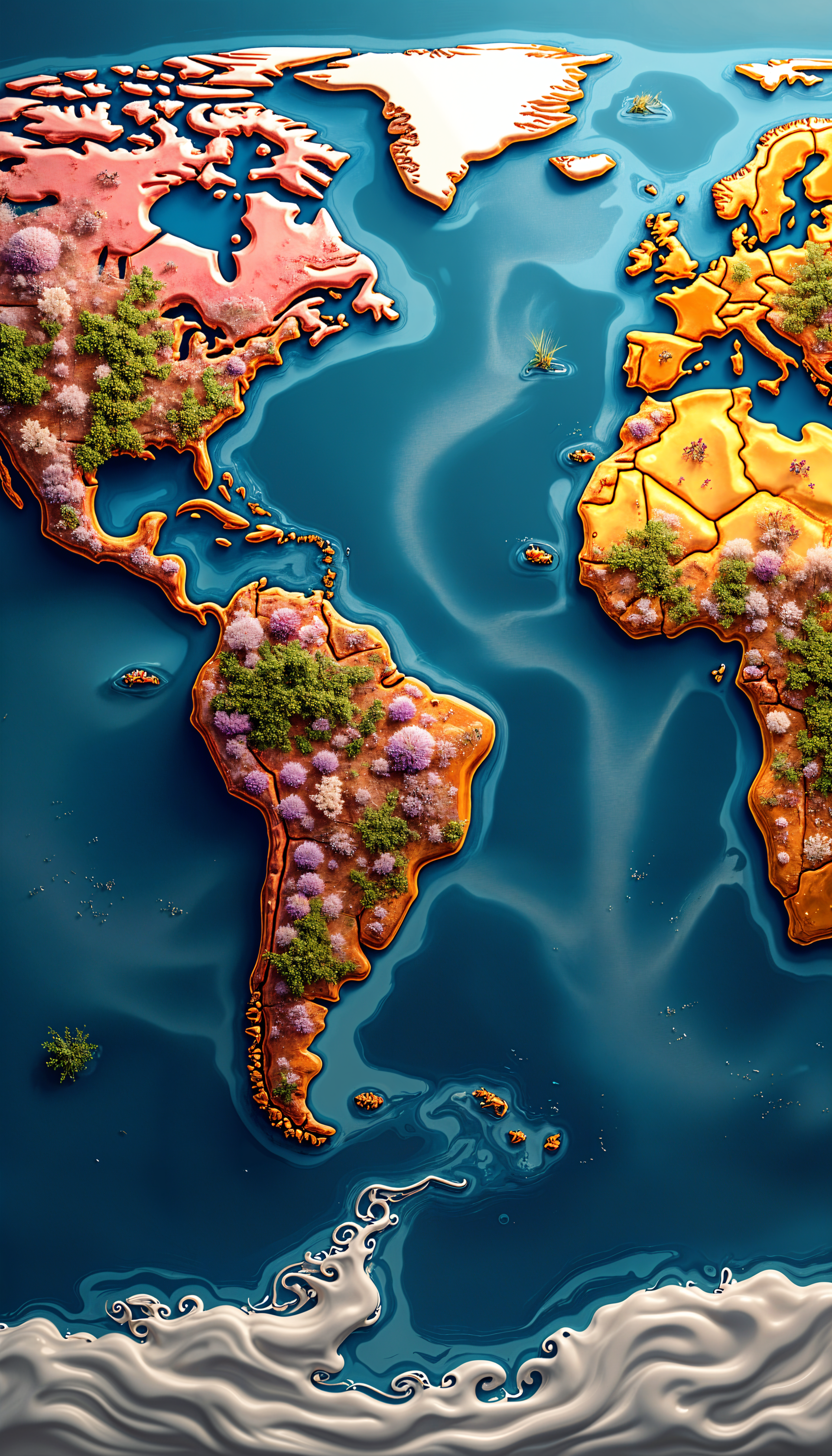 A vibrant world map phone wallpaper depicting colorful continents with lush greenery and floral accents, set against a serene ocean background.
