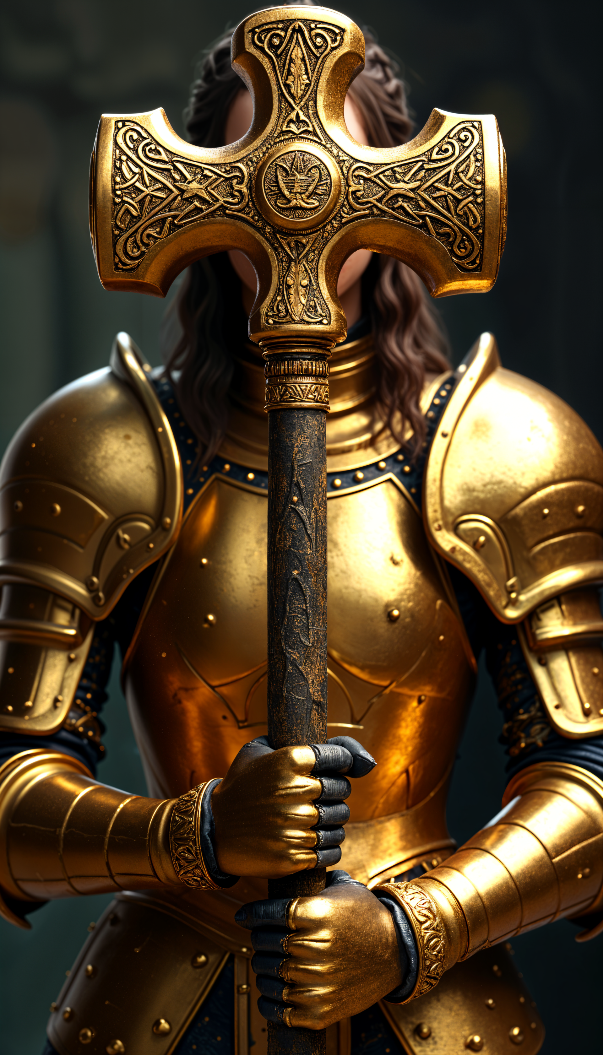A striking phone wallpaper featuring a figure in golden armor holding a beautifully ornate hammer, emphasizing strength and medieval elegance.