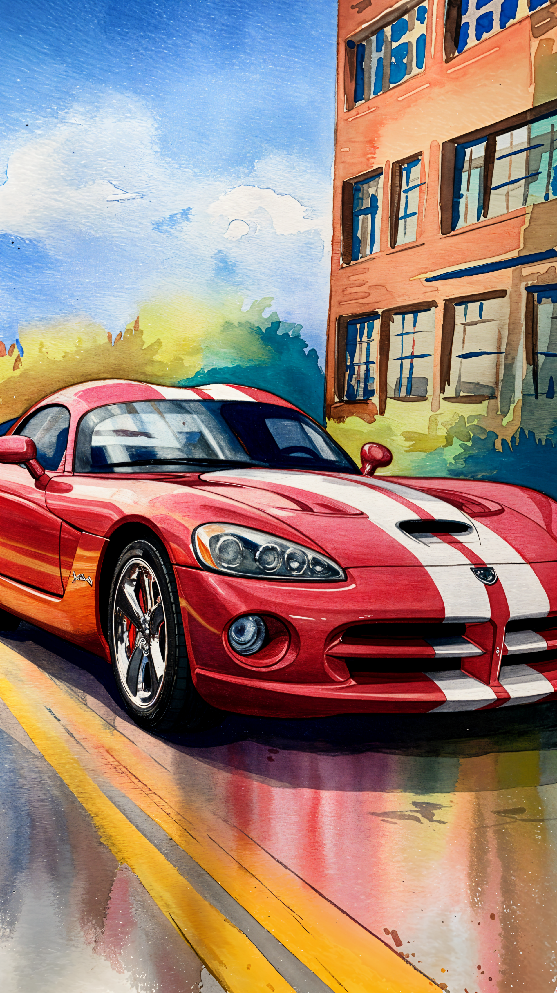 A vibrant illustration of a red Dodge Viper with white stripes, parked on a sunlit street, making it a striking phone wallpaper.