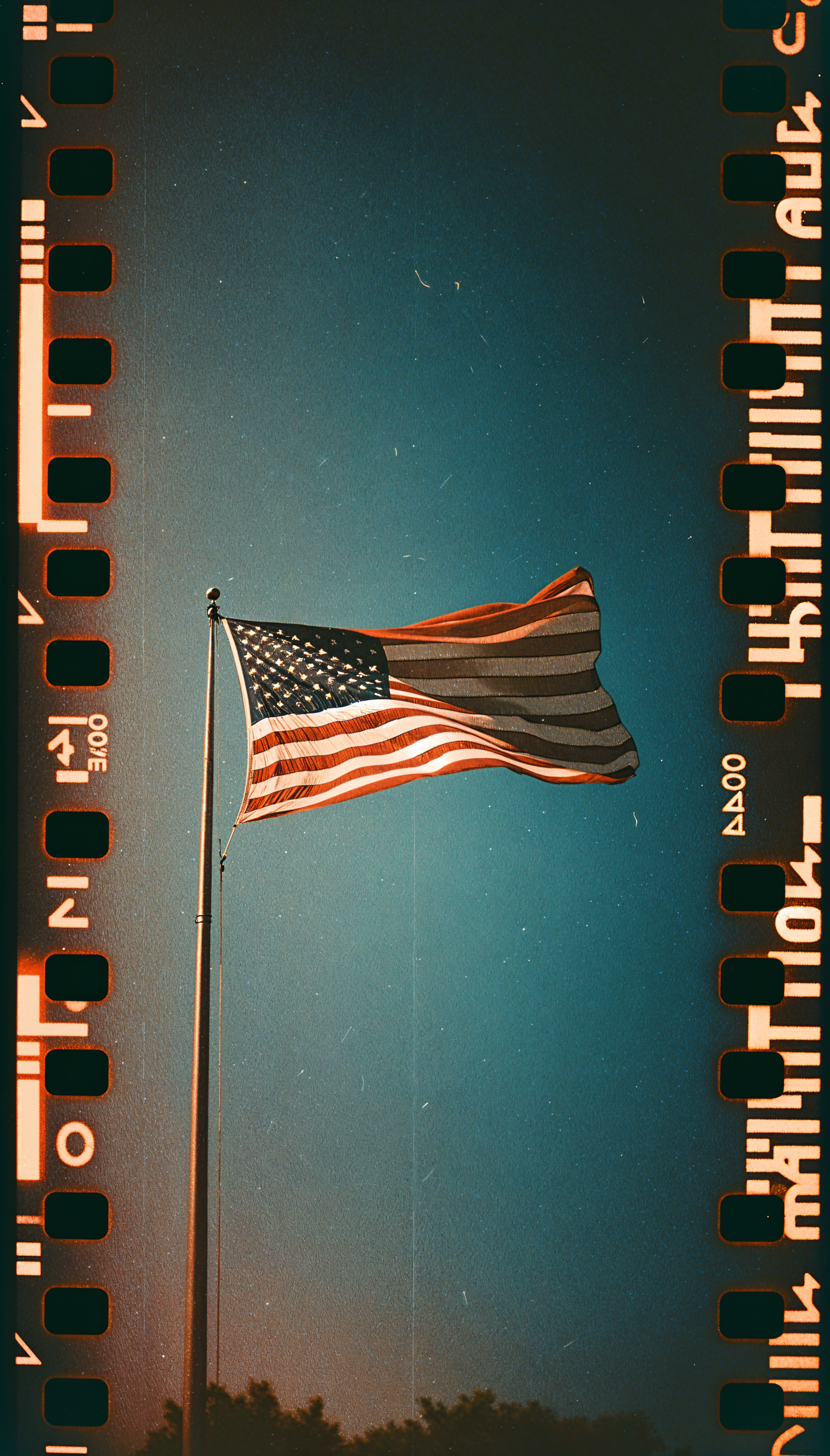 A vibrant American flag waves against a clear blue sky, framed by a vintage film strip, making it an eye-catching phone wallpaper.