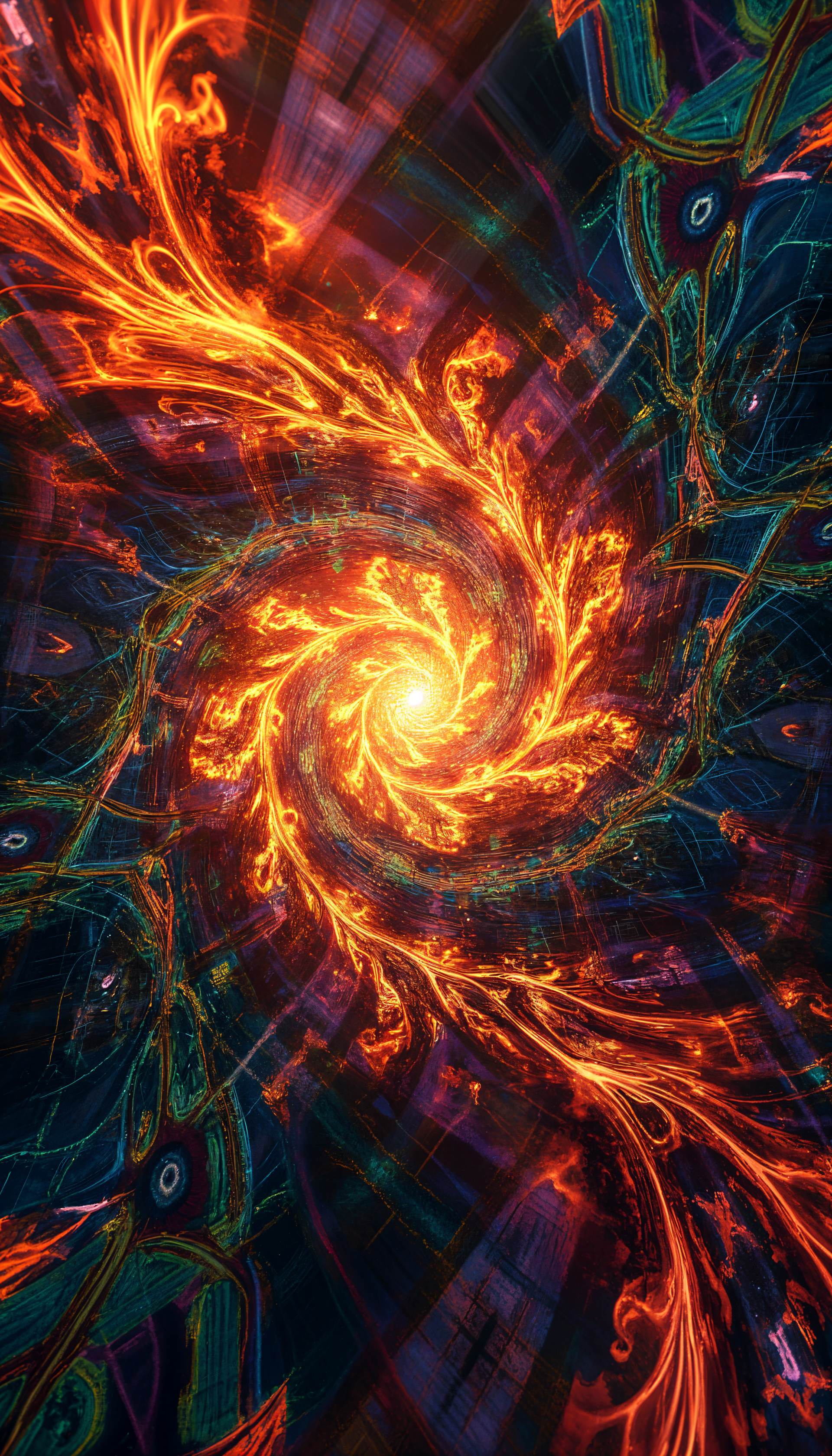 A vibrant, swirling spiral of orange and yellow light against a dark background, creating a dynamic and bold plaid-inspired phone wallpaper design.