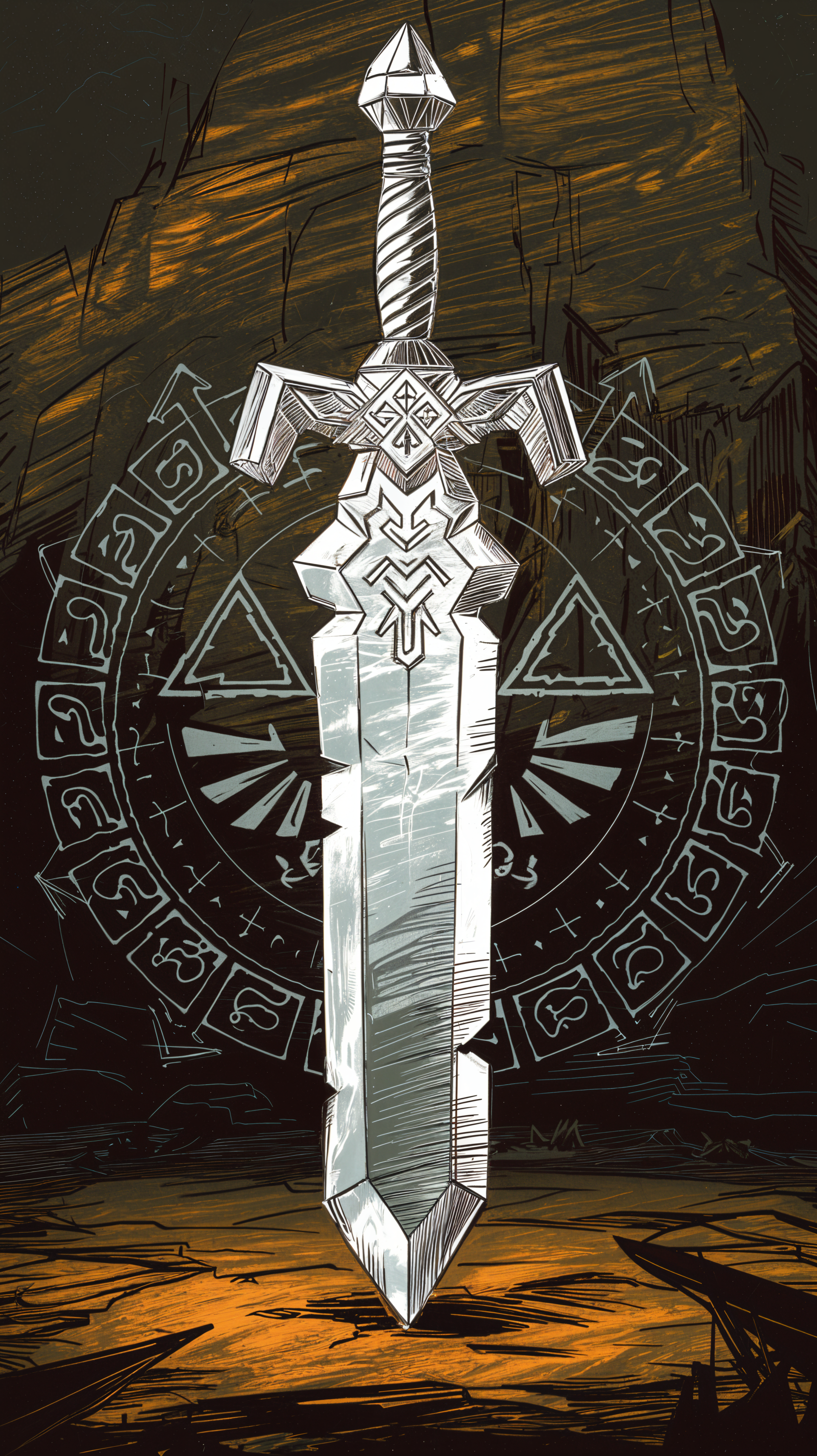 A striking illustration of the Master Sword, featuring intricate designs and a mystical background, designed as a captivating phone wallpaper.