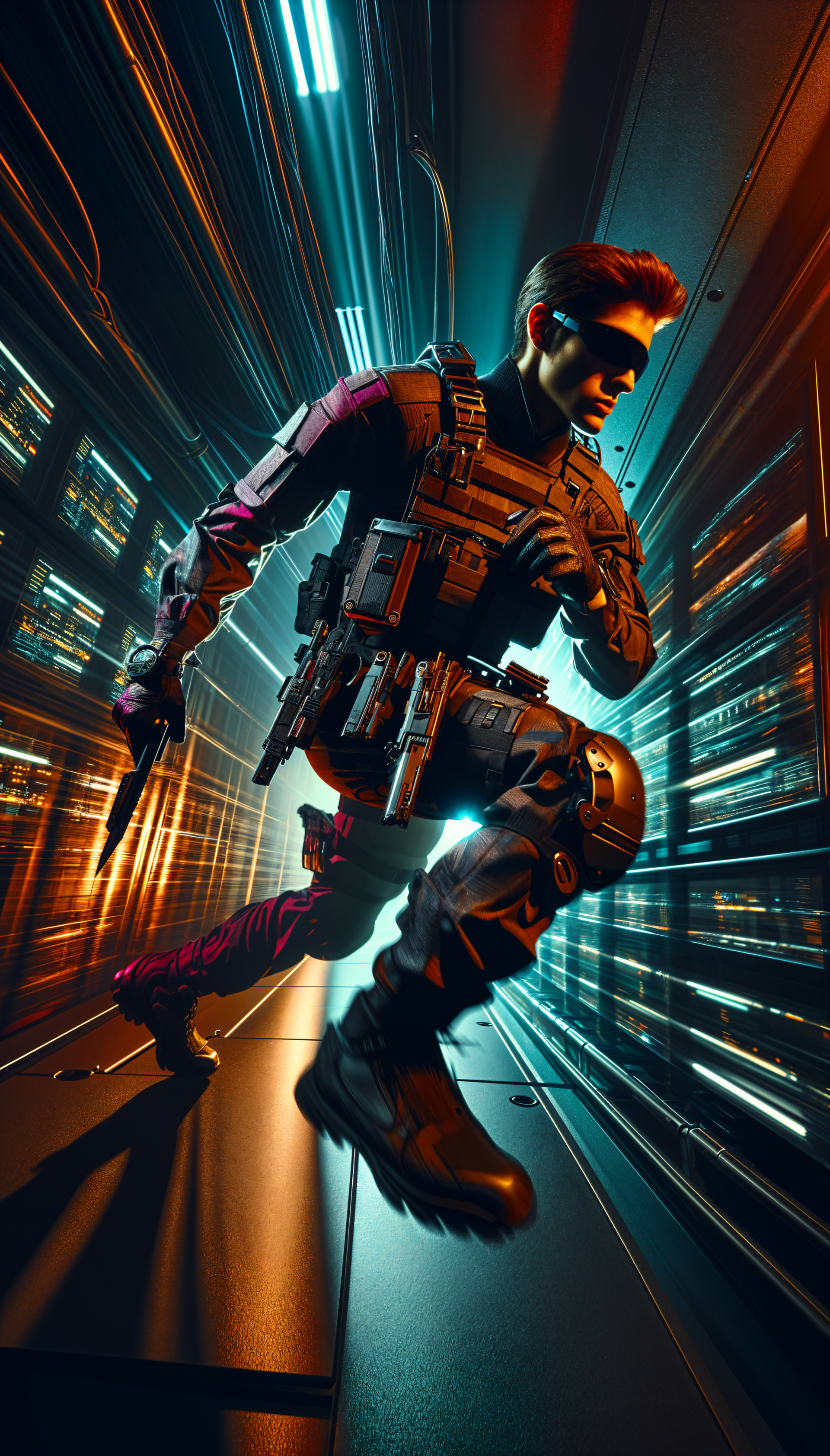 A dynamic phone wallpaper featuring a sleek, armed figure in tactical gear, sprinting through a high-tech environment with vibrant light streaks in the background.