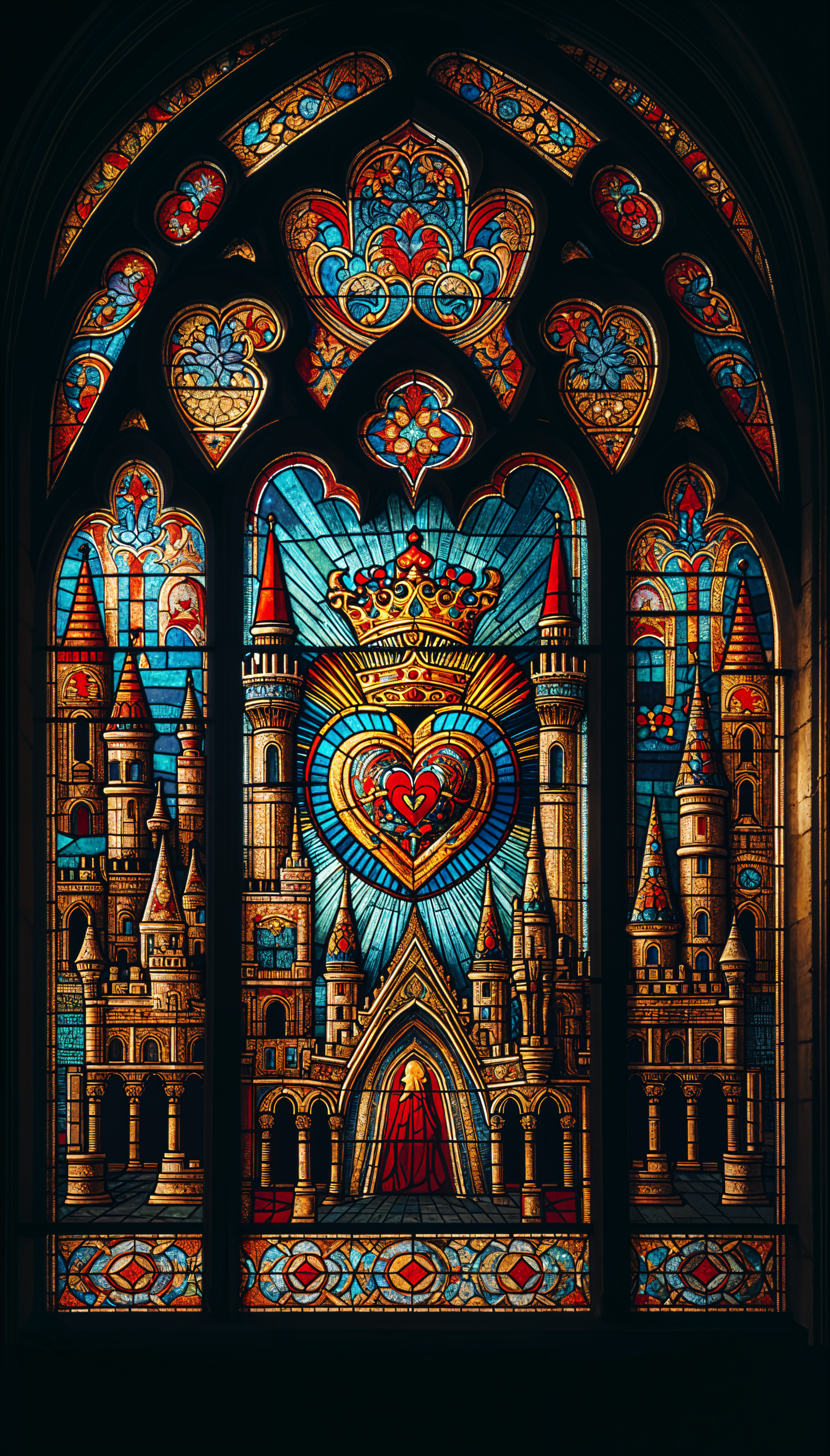 Stained glass window phone wallpaper featuring a crowned heart motif above a castle with intricate colorful designs for iPhones and Android.