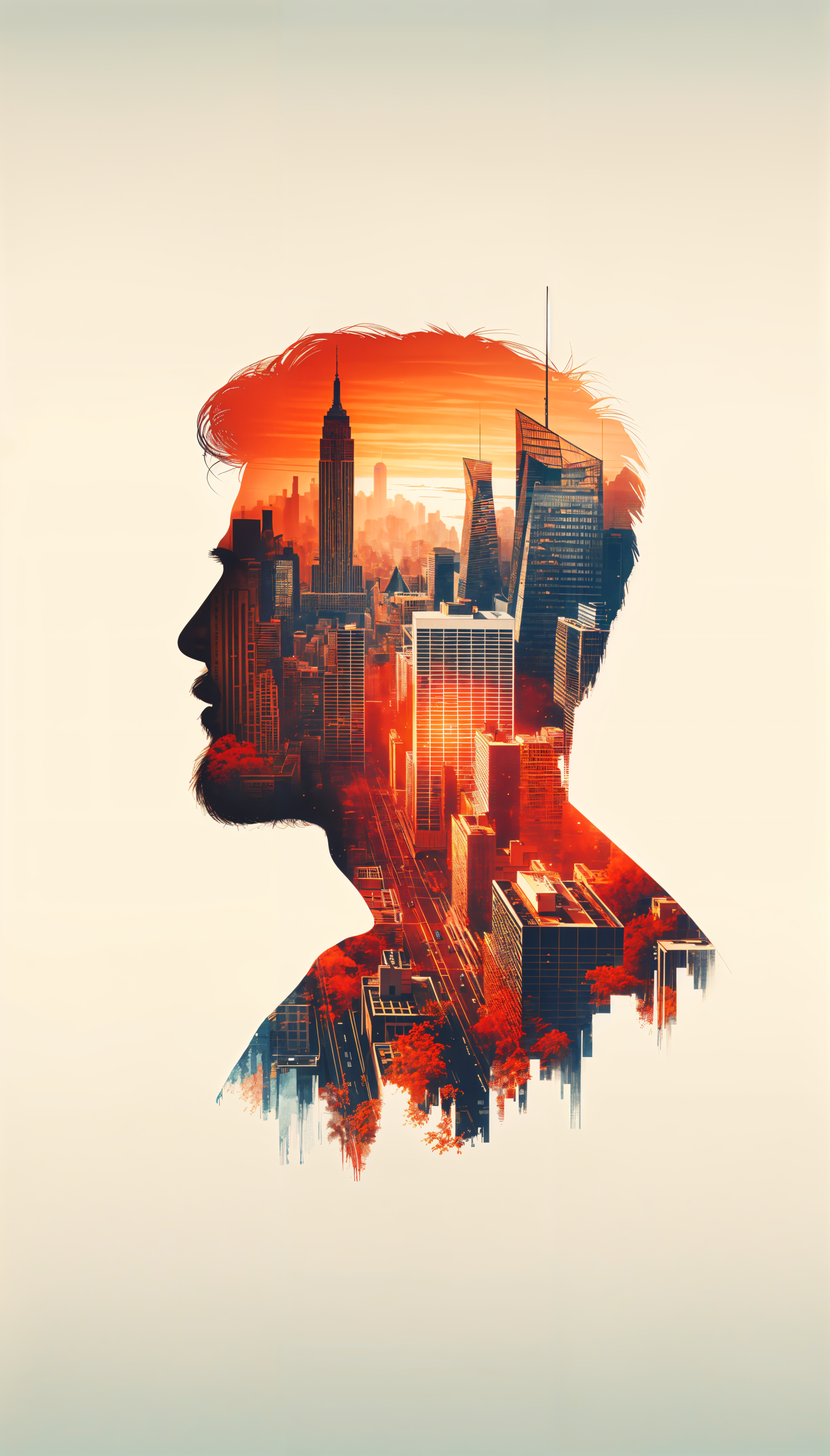 A vibrant phone wallpaper featuring a silhouette of a man against a stunning cityscape, blending warm tones with towering skyscrapers and a glowing skyline.