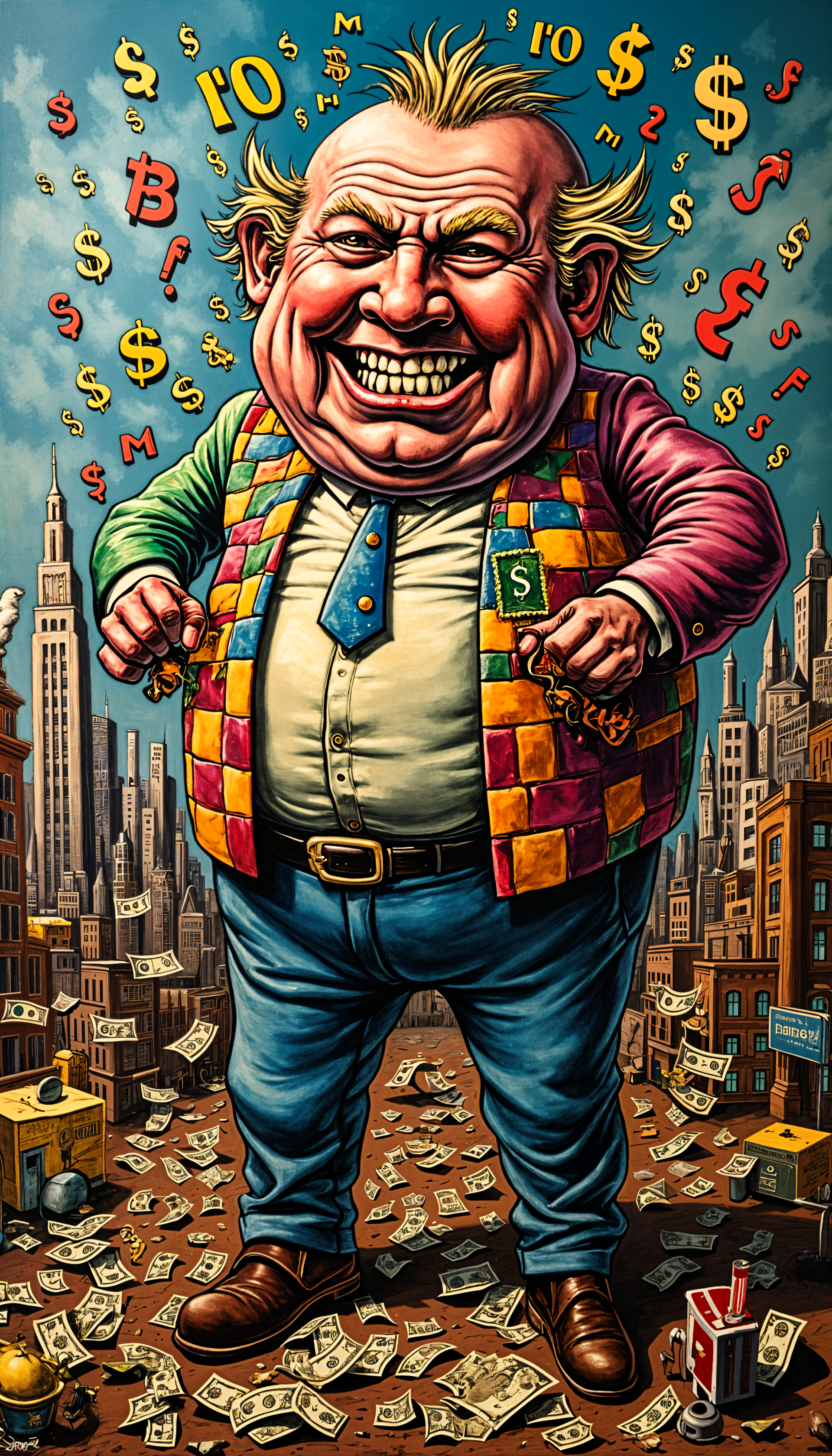 A vibrant illustration of a jubilant, rotund figure in a colorful suit surrounded by floating dollar signs and scattered cash, capturing the essence of capitalism, designed as a phone wallpaper.