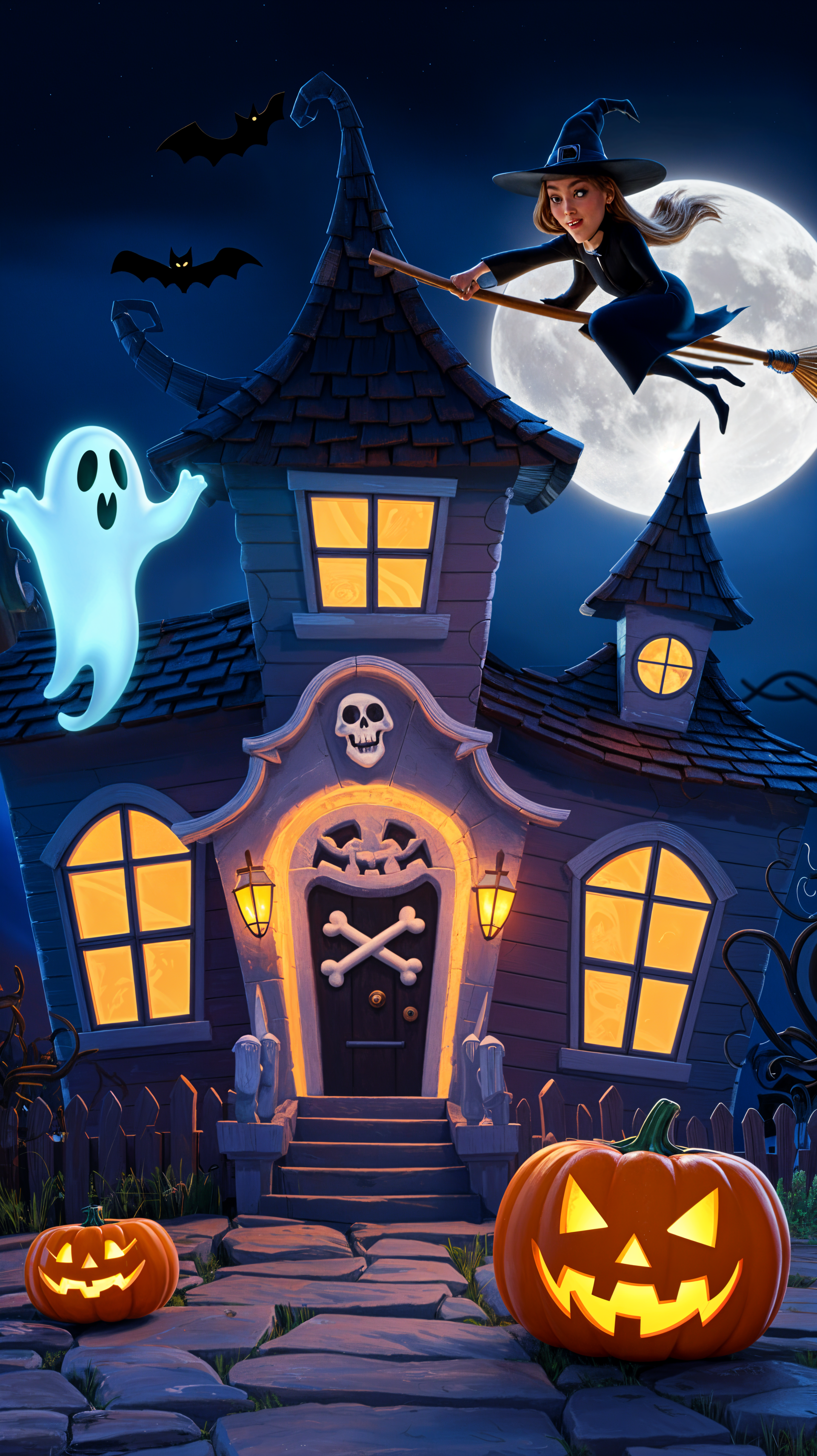 A whimsical Halloween-themed phone wallpaper featuring a haunted house, a flying witch, a friendly ghost, and carved pumpkins set against a night sky with a full moon.