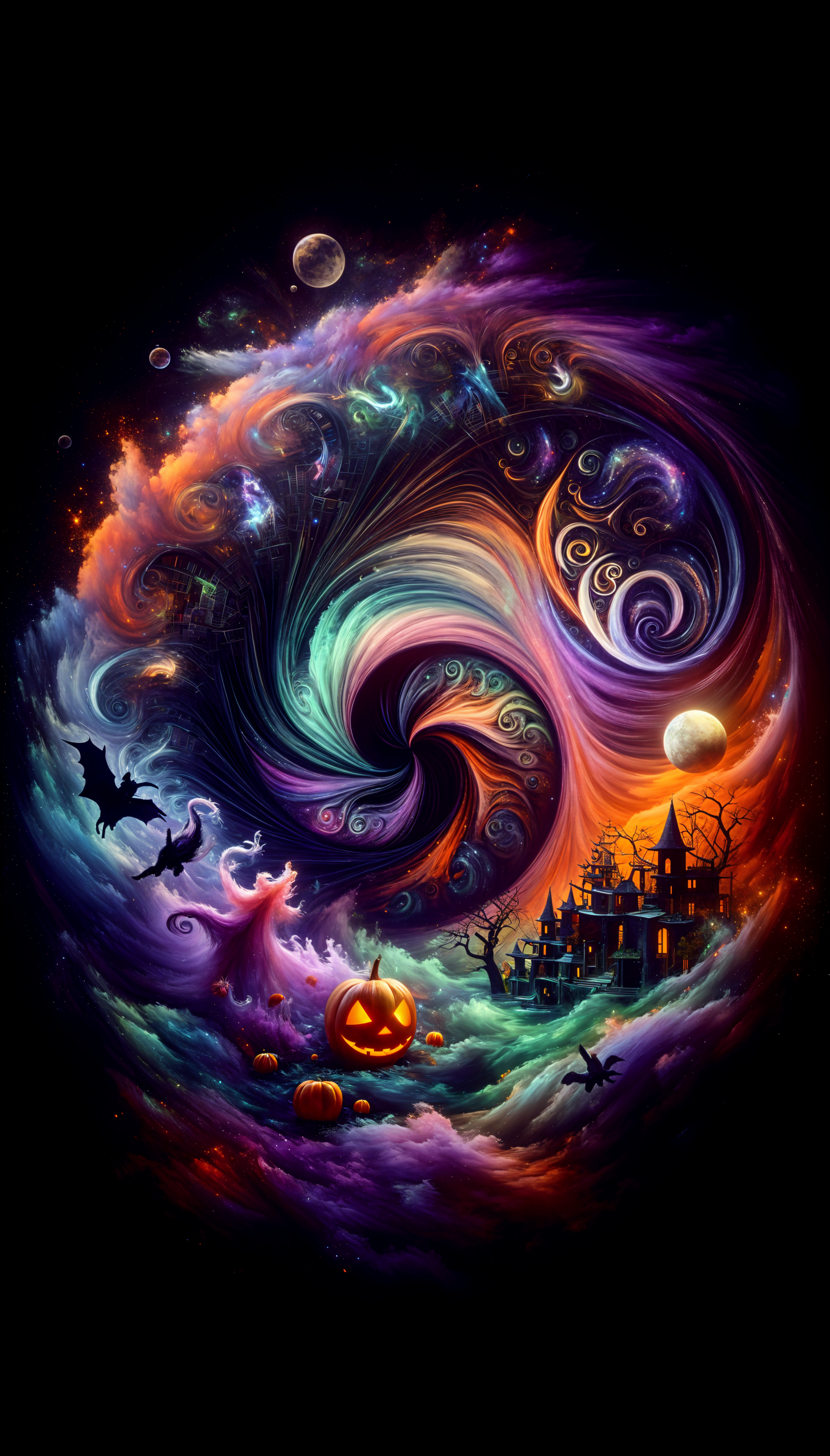 A cosmic swirl of vibrant colors forms a mystical vortex around a haunted house, glowing pumpkins, flying bats, and eerie Halloween spirits on a phone wallpaper for iPhones and Androids.