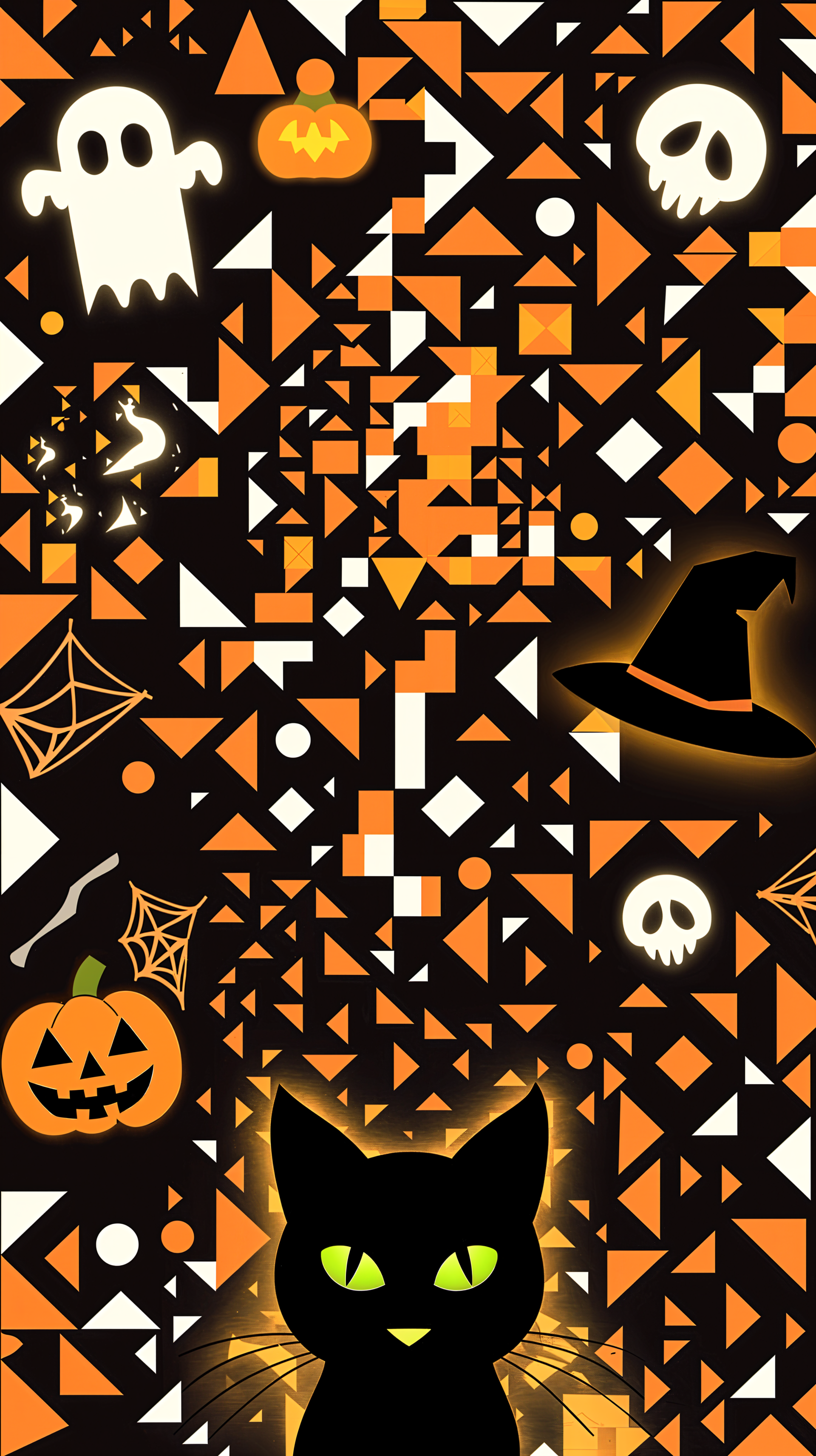 A colorful Halloween-themed phone wallpaper featuring ghosts, pumpkins, skulls, a witch's hat, and a black cat against a bold orange and black geometric background.