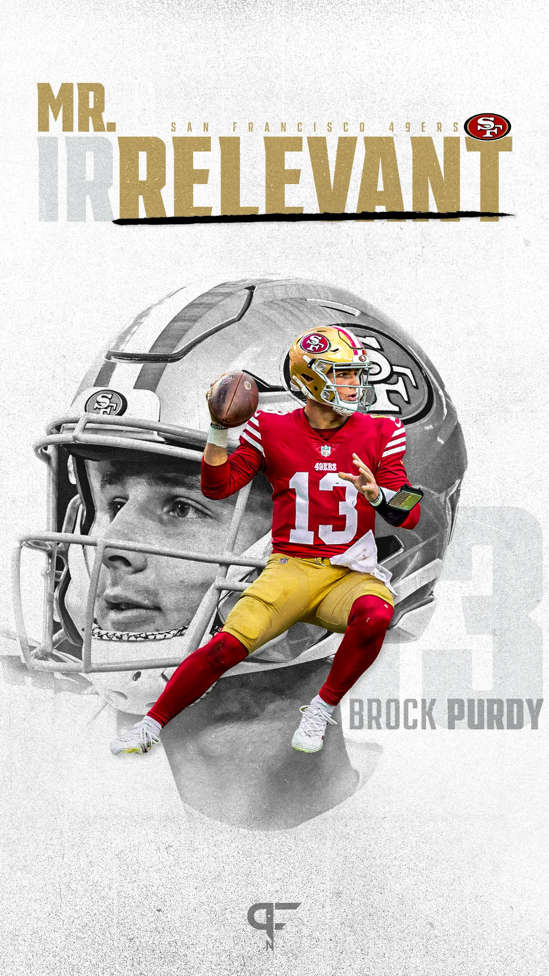 A dynamic phone wallpaper featuring San Francisco 49ers quarterback Brock Purdy, showcasing his journey as Mr. Irrelevant with bold graphics and team colors.