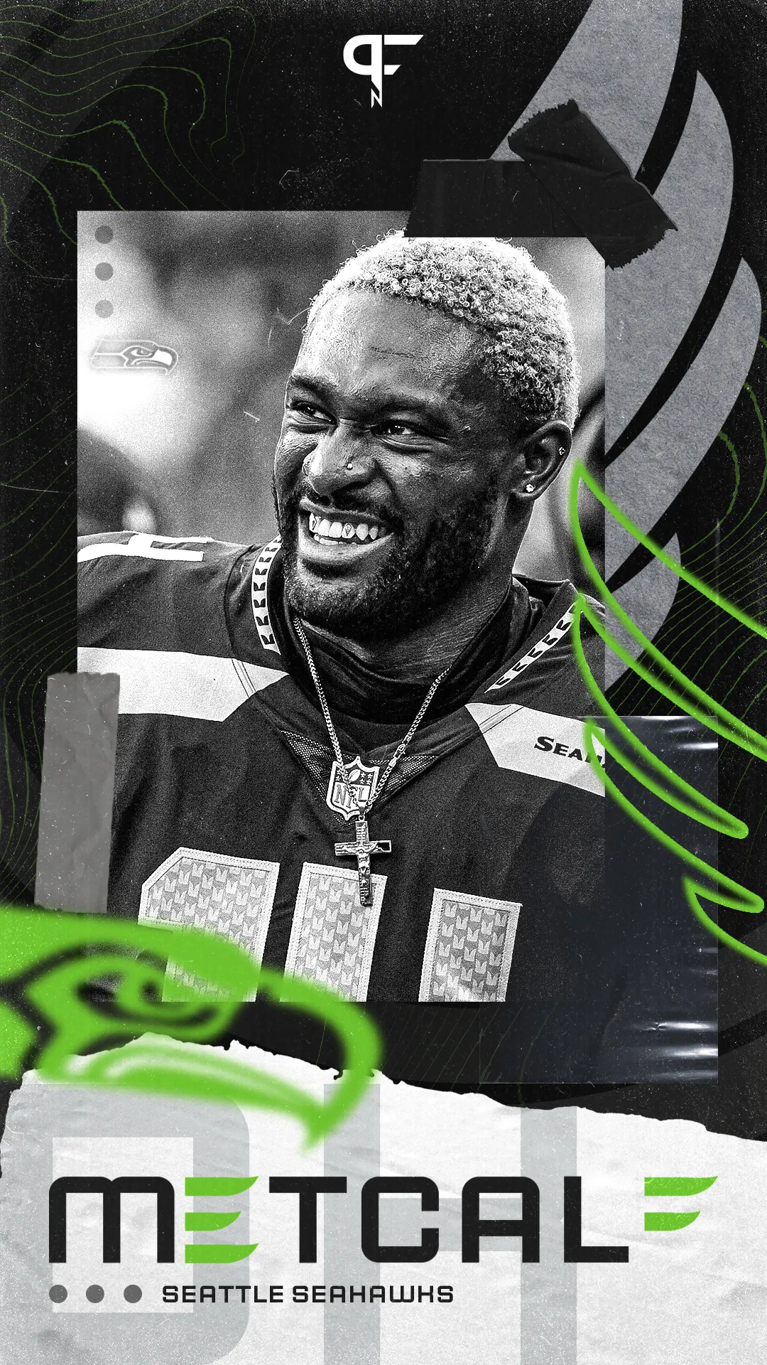 A dynamic phone wallpaper featuring DK Metcalf, a standout player for the Seattle Seahawks, showcasing his infectious smile amidst a striking black and green design.