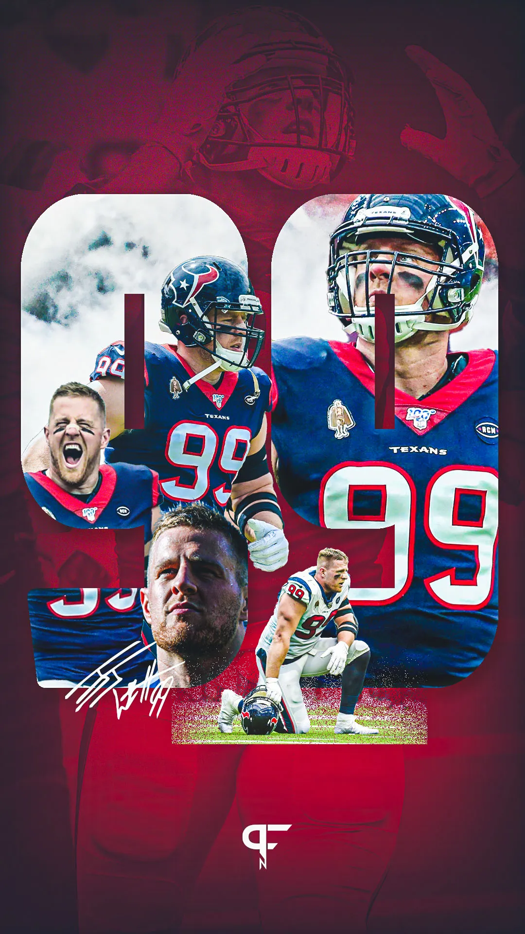 A dynamic phone wallpaper featuring J.J. Watt, showcasing his iconic #99 jersey as a standout player for the Houston Texans, celebrating his contributions to NFL football.