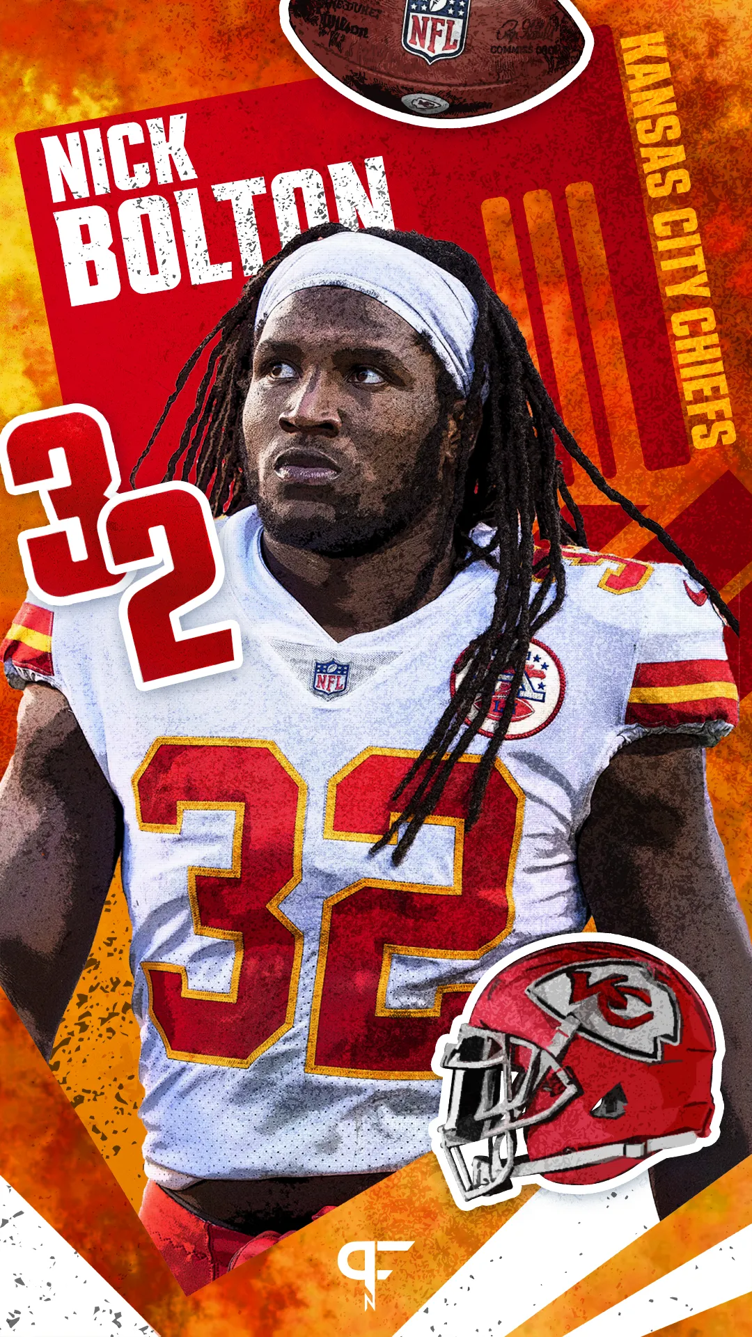 A dynamic phone wallpaper featuring NFL player Nick Bolton of the Kansas City Chiefs, showcasing his jersey number 32 against a vibrant background.
