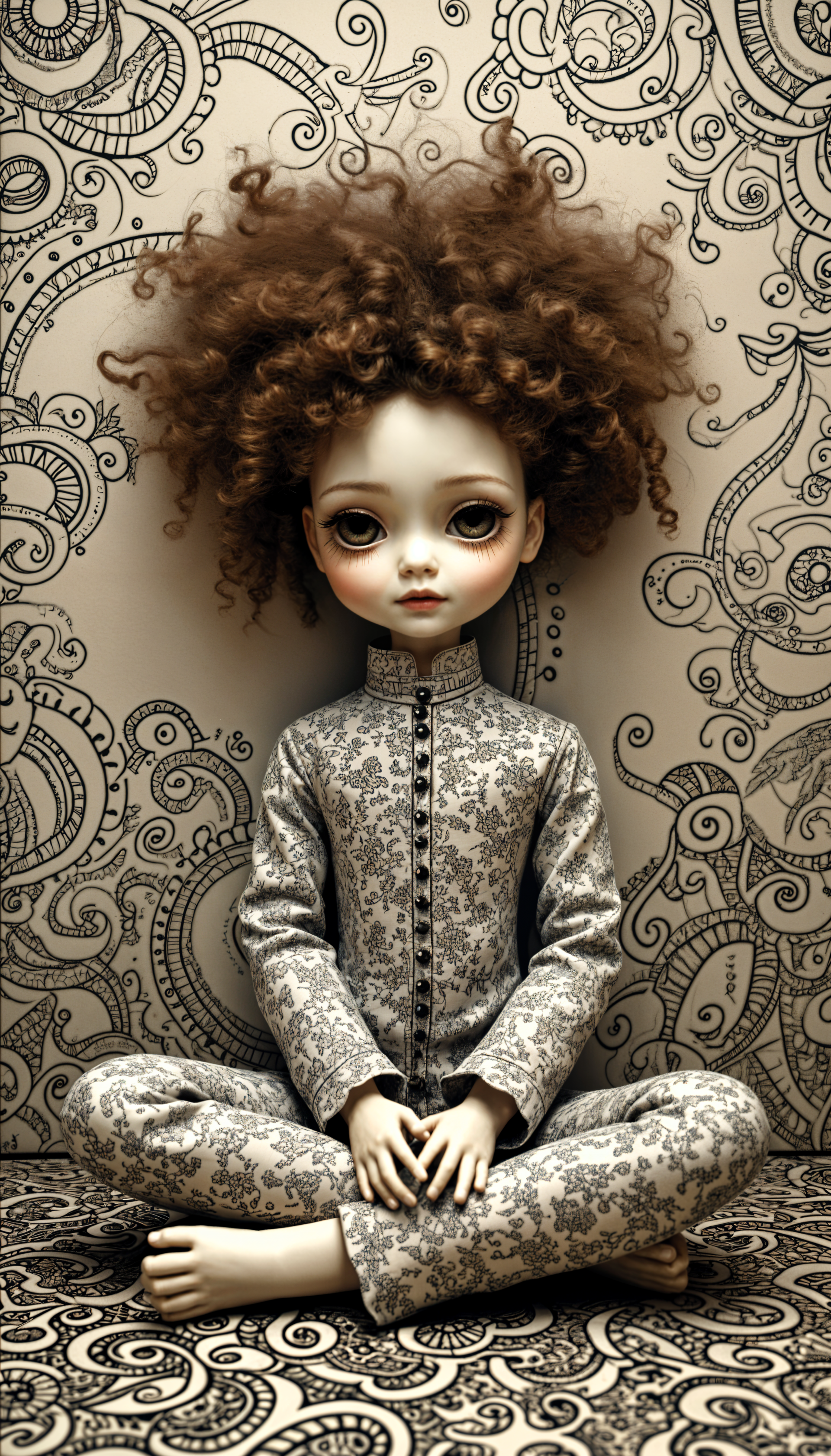 An intricately designed doll with curly hair sits gracefully against a patterned backdrop, exuding a whimsical charm that enhances any phone wallpaper collection.