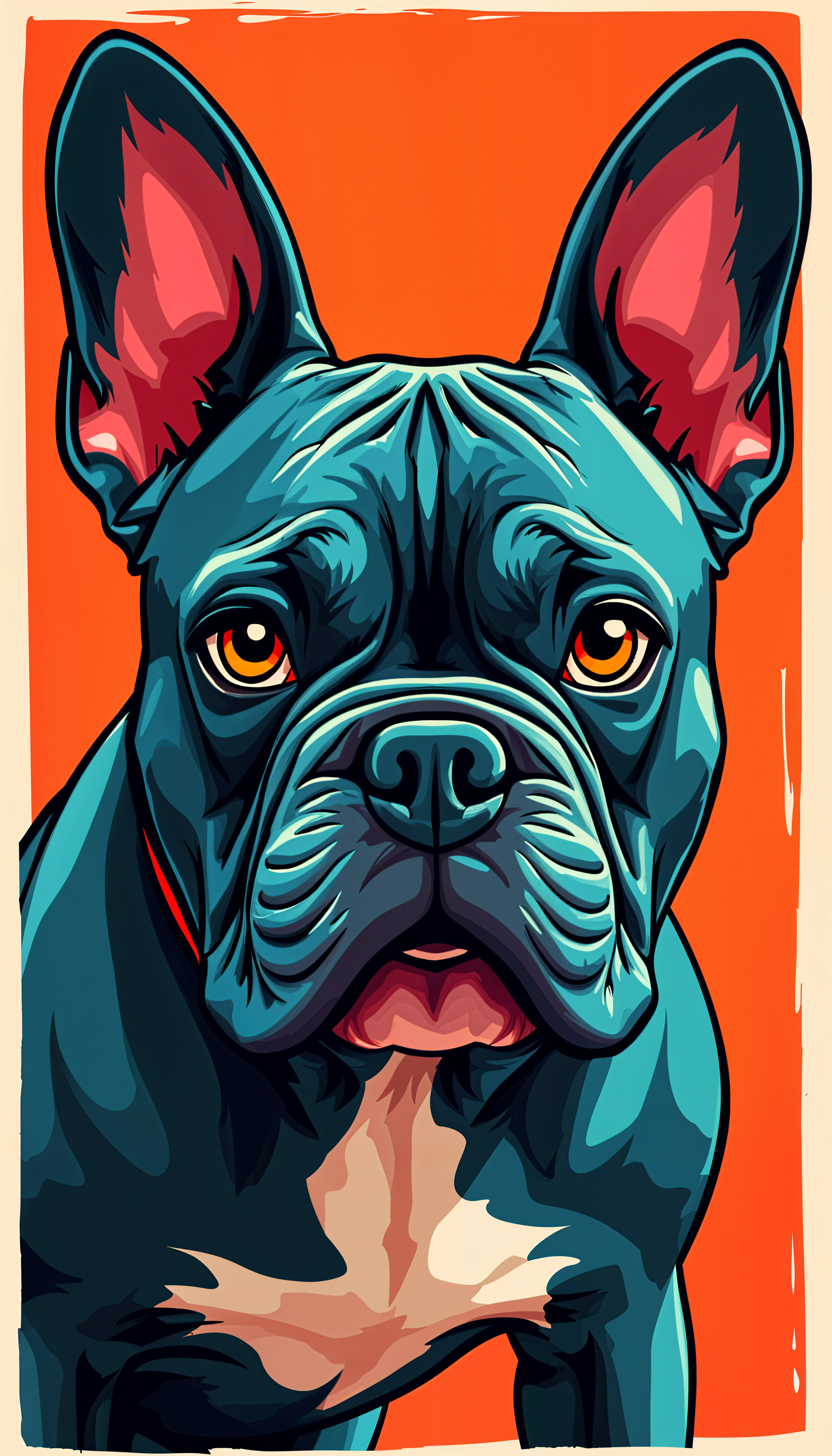 A vibrant illustration of a bulldog with prominent features and expressive eyes, set against a bold orange background, designed as a phone wallpaper.