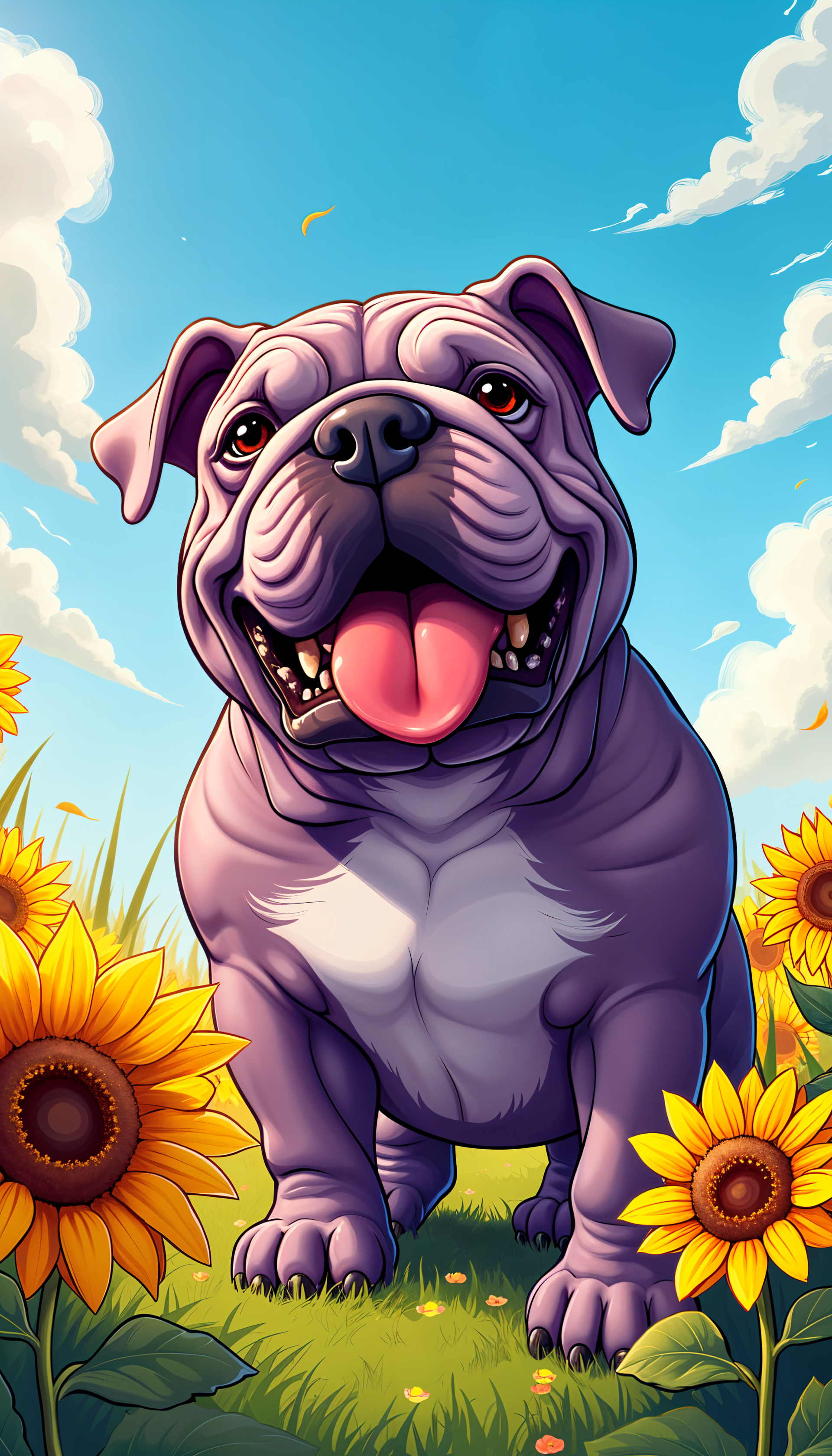 A cheerful purple bulldog stands amidst vibrant sunflowers under a bright blue sky, making a delightful phone wallpaper.