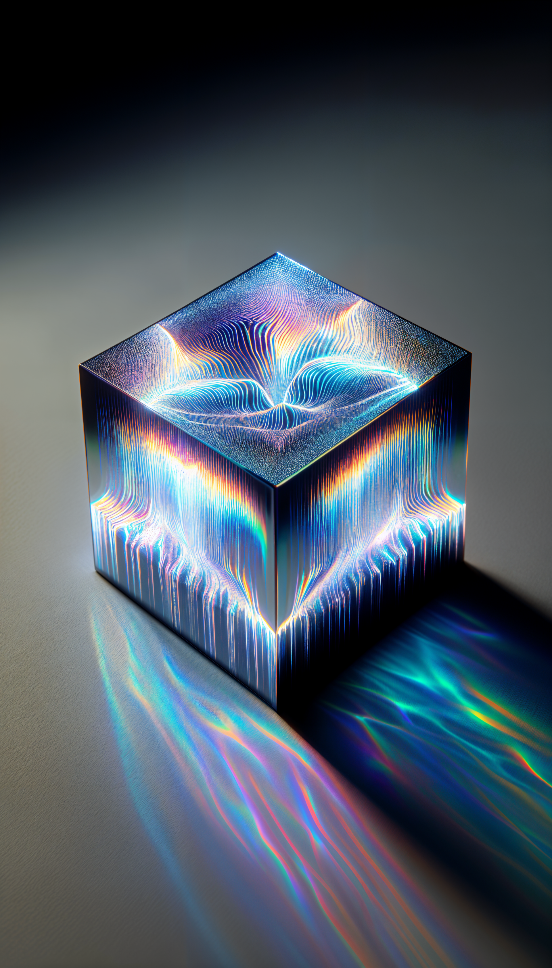 A mesmerizing, iridescent cube with intricate patterns, casting vibrant reflections and shadows—an eye-catching phone wallpaper that evokes a sense of depth and movement.