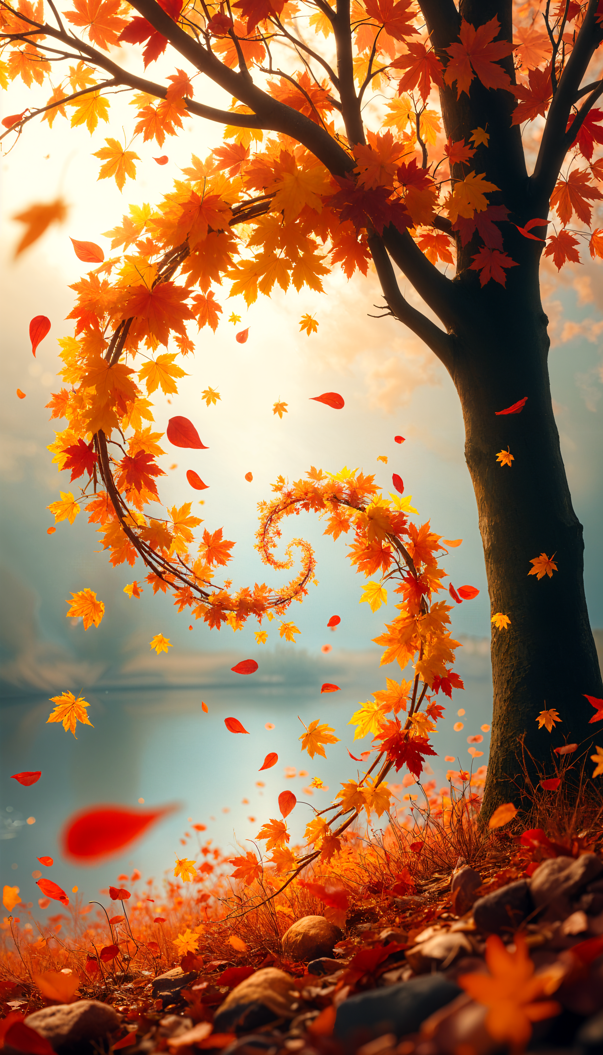 A serene fall-themed phone wallpaper featuring a tree surrounded by swirling orange and yellow leaves, set against a tranquil water backdrop.