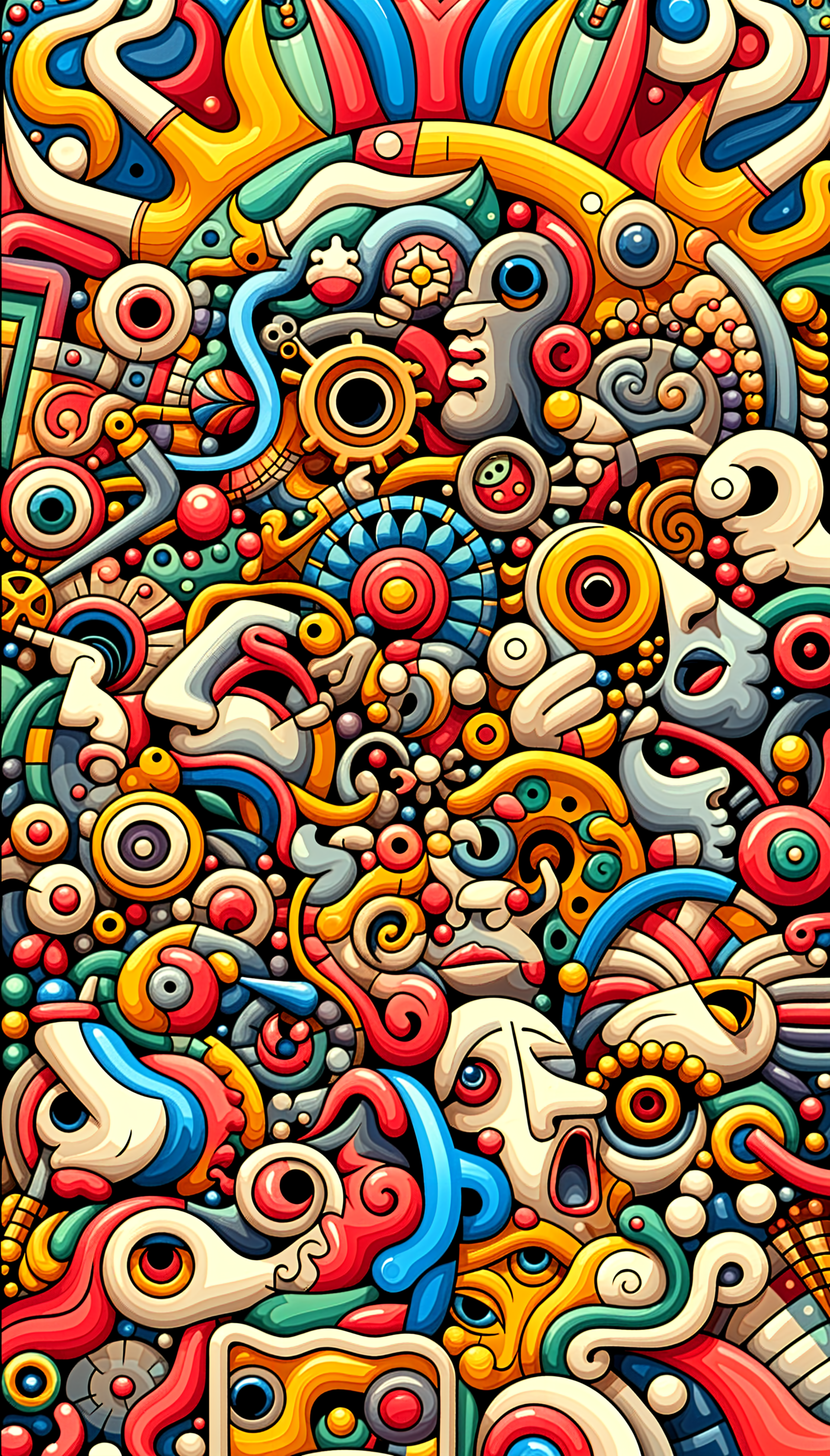 A vibrant phone wallpaper featuring an intricate pattern of colorful abstract faces and shapes, blending bold lines and playful elements for a dynamic visual experience.