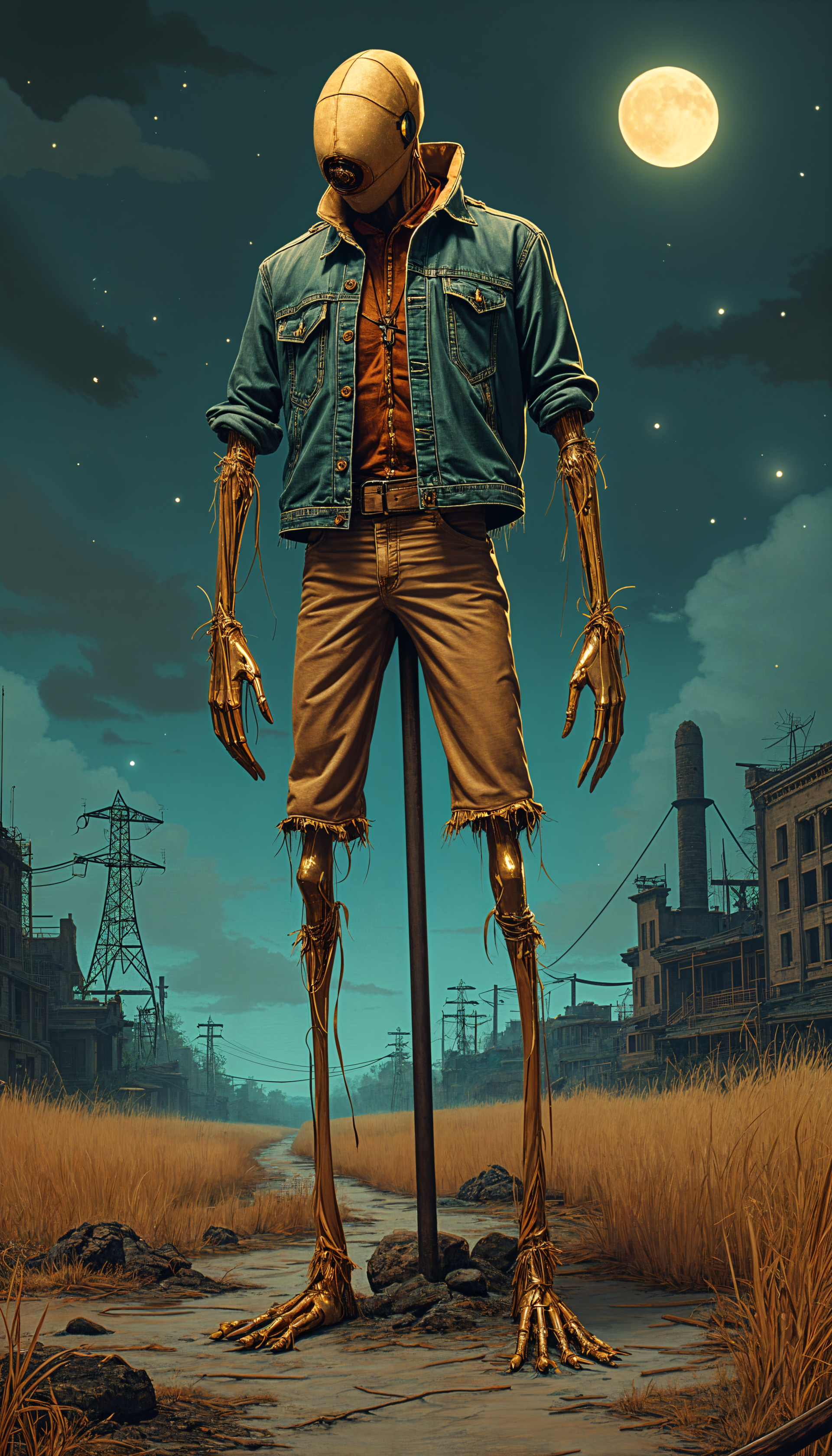 A striking scarecrow stands in a desolate landscape under a full moon, dressed in a denim jacket and brown shirt, creating an eerie yet captivating phone wallpaper.