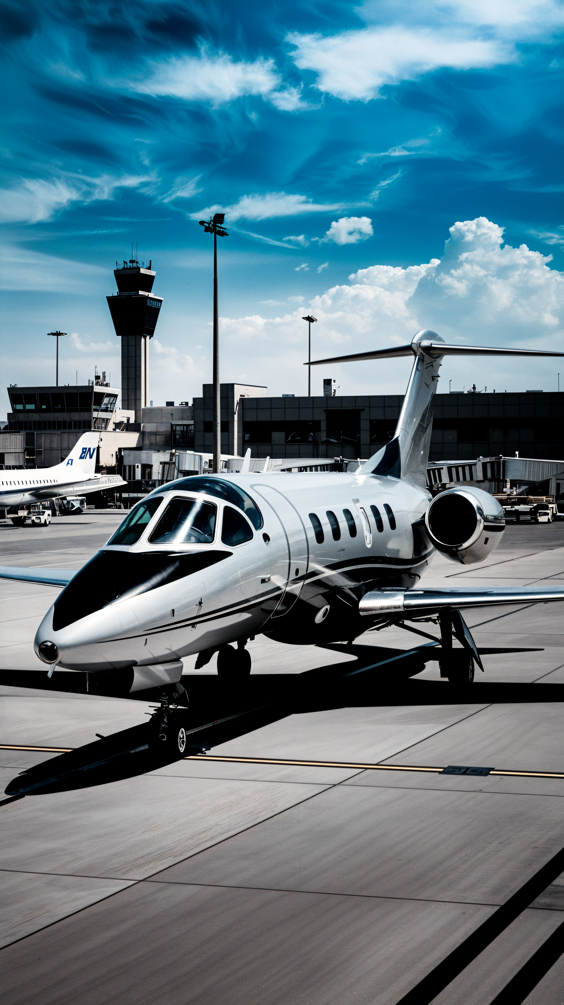 A sleek jet parked on the tarmac under a dramatic blue sky, with an airport control tower in the background, making a striking phone wallpaper.