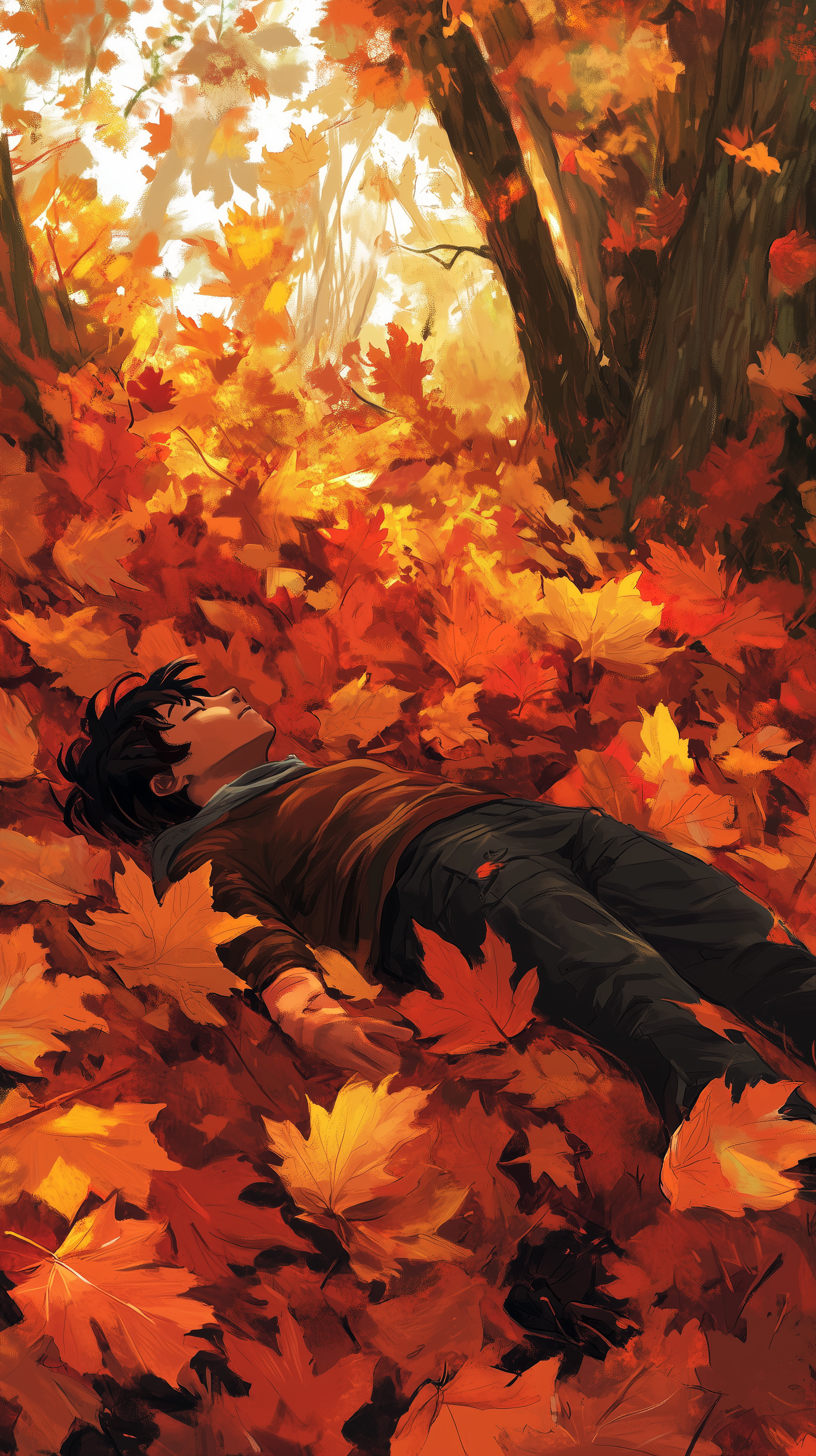 Phone wallpaper featuring a person relaxing in a vibrant autumn leaf pile, surrounded by warm shades of orange and yellow in a peaceful natural setting.
