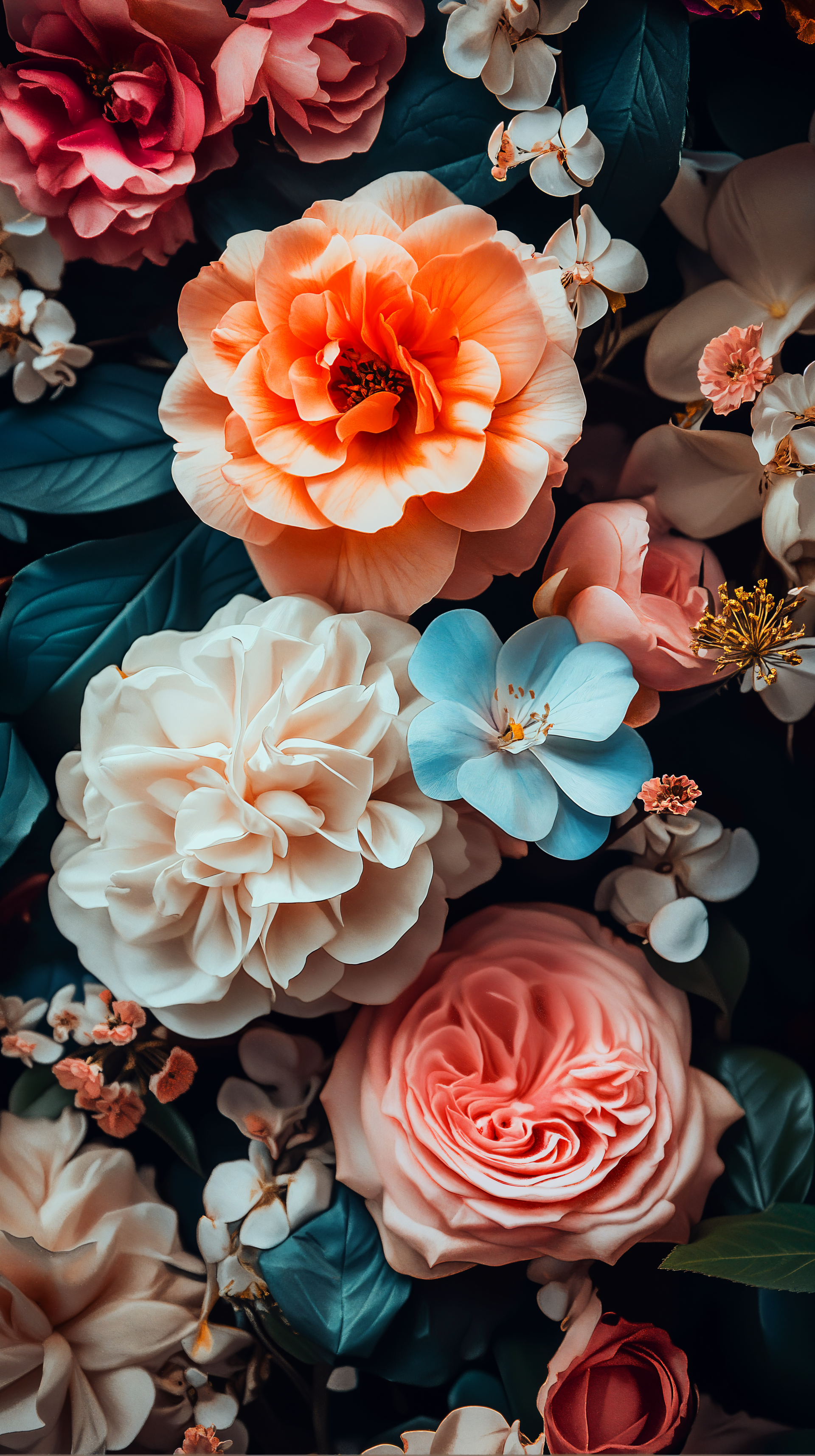 Vibrant floral arrangement with colorful blooms including roses and blossoms, set against dark green leaves, styled as a phone wallpaper for iPhones and Android devices.