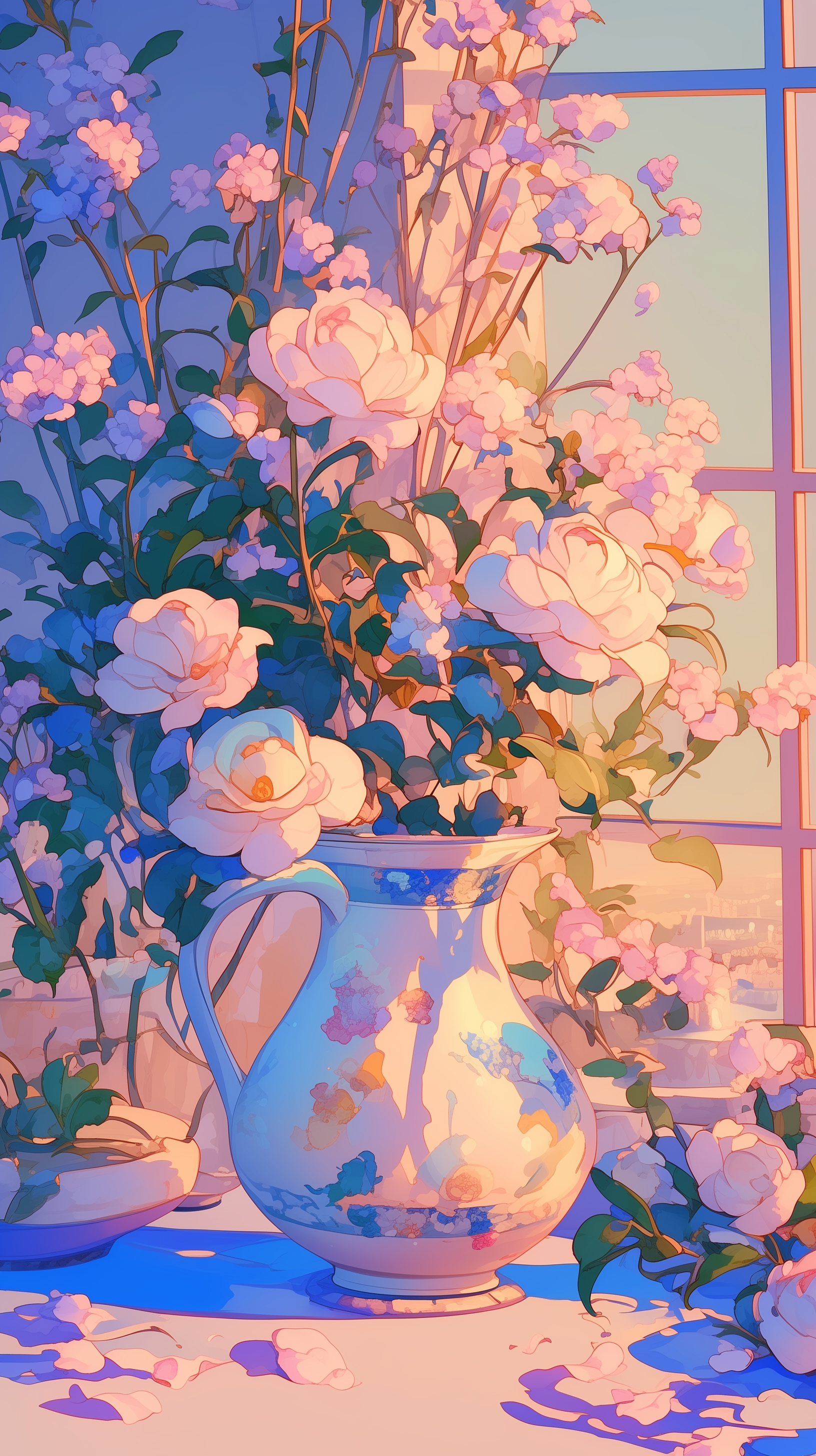 Aesthetic phone wallpaper featuring soft sunlight illuminating white and pink flowers arranged in a ceramic vase by a window, blending serene floral beauty with gentle natural light.