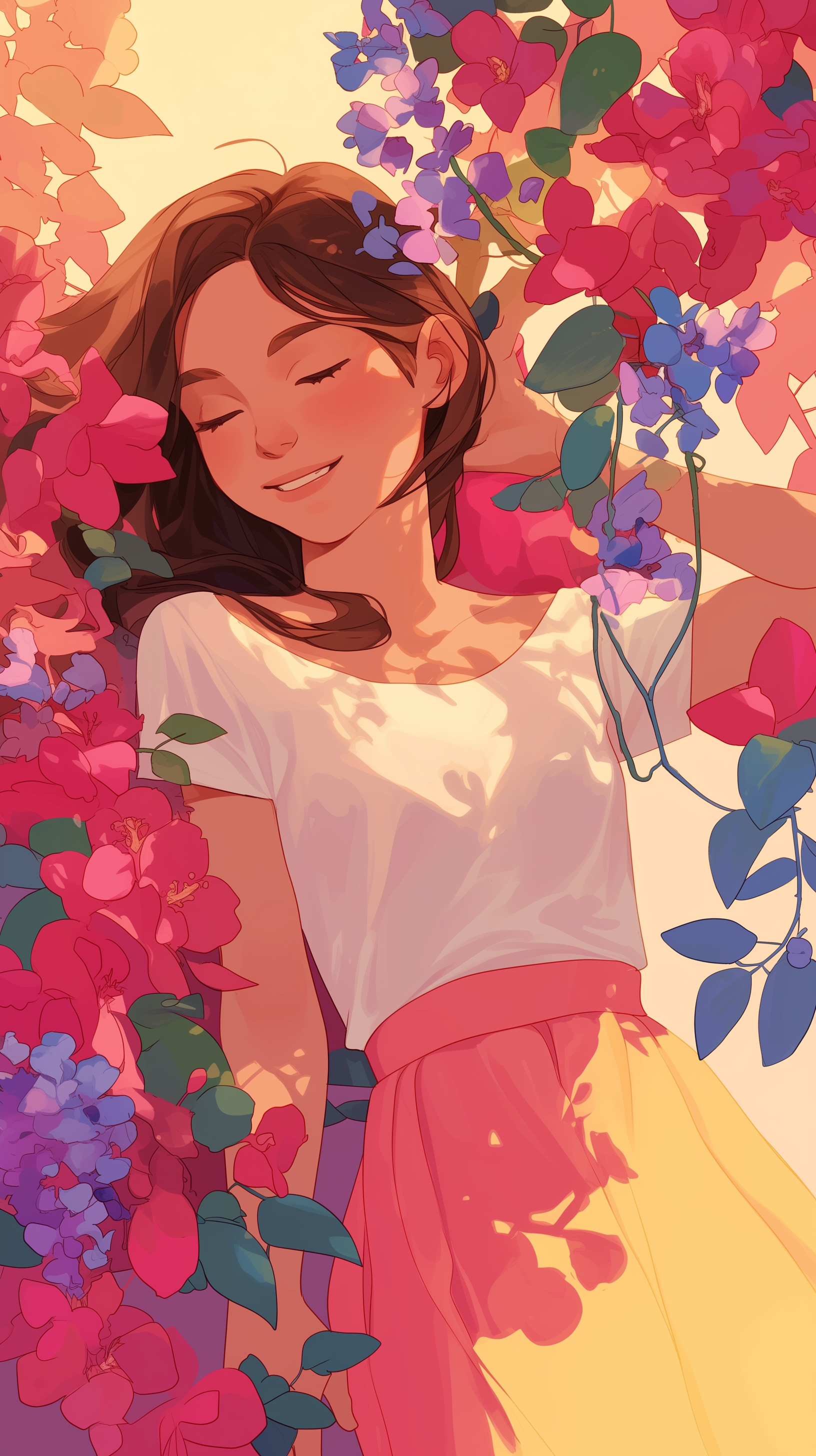 A vibrant phone wallpaper featuring a woman surrounded by aesthetic flowers, her relaxed expression and soft colors create a serene and dreamy atmosphere.