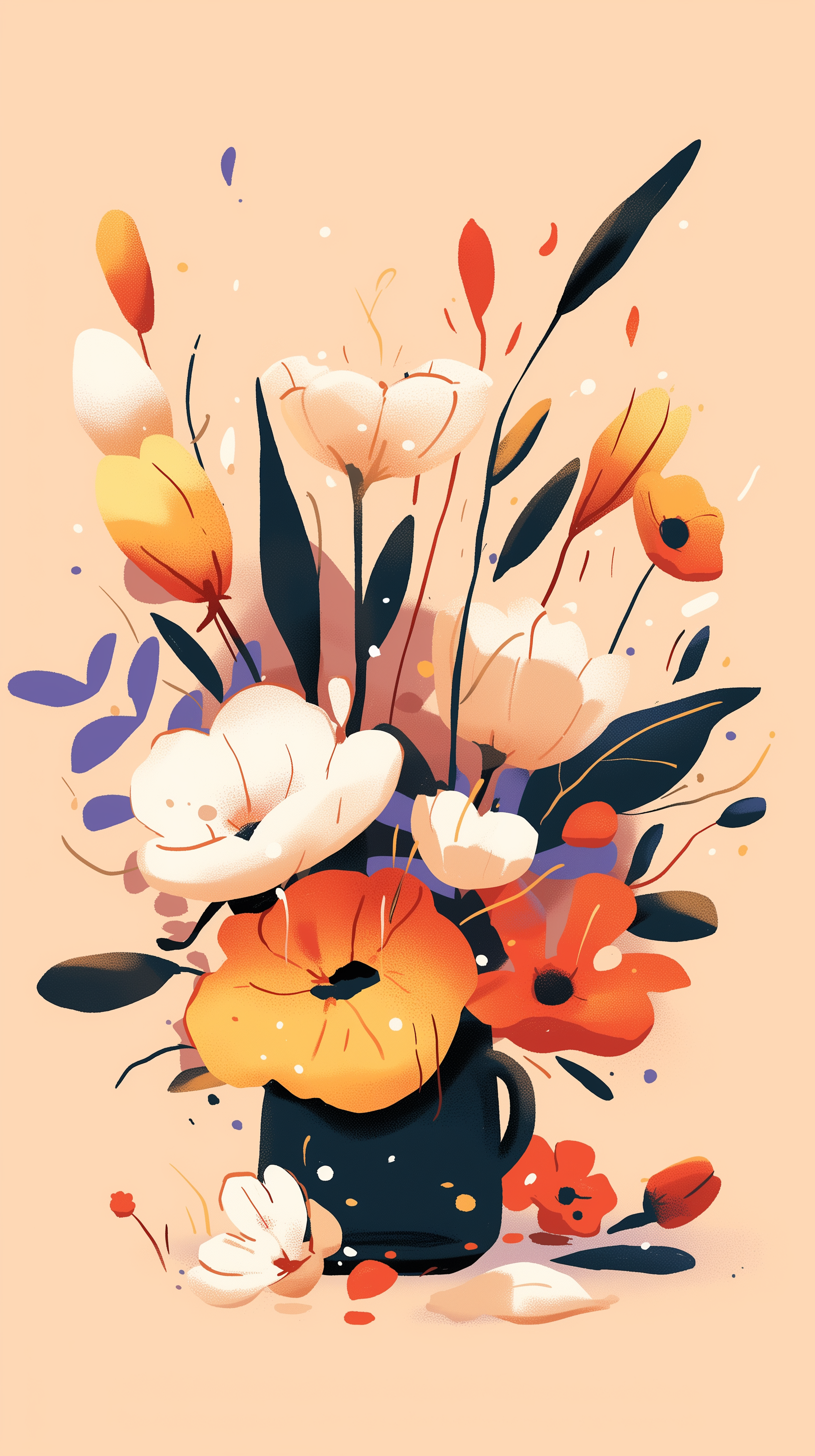 A decorative phone wallpaper illustration of an aesthetic flower bouquet in warm tones, designed to enhance the screens of both iPhones and Android phones.