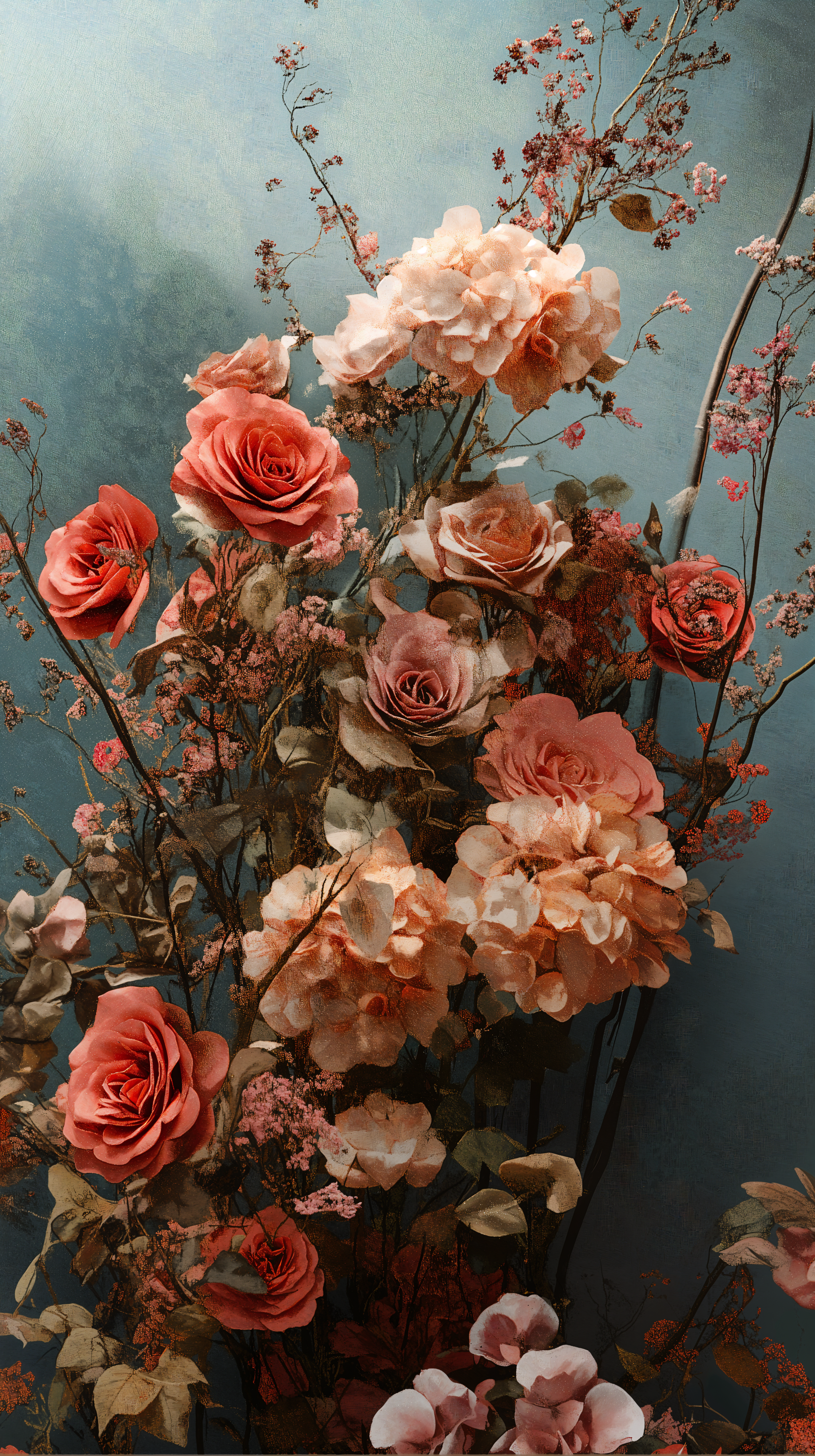 Aesthetic floral wallpaper featuring a beautiful arrangement of soft pink and peach roses, complemented by delicate greenery and accents, creating a whimsical and elegant appearance.