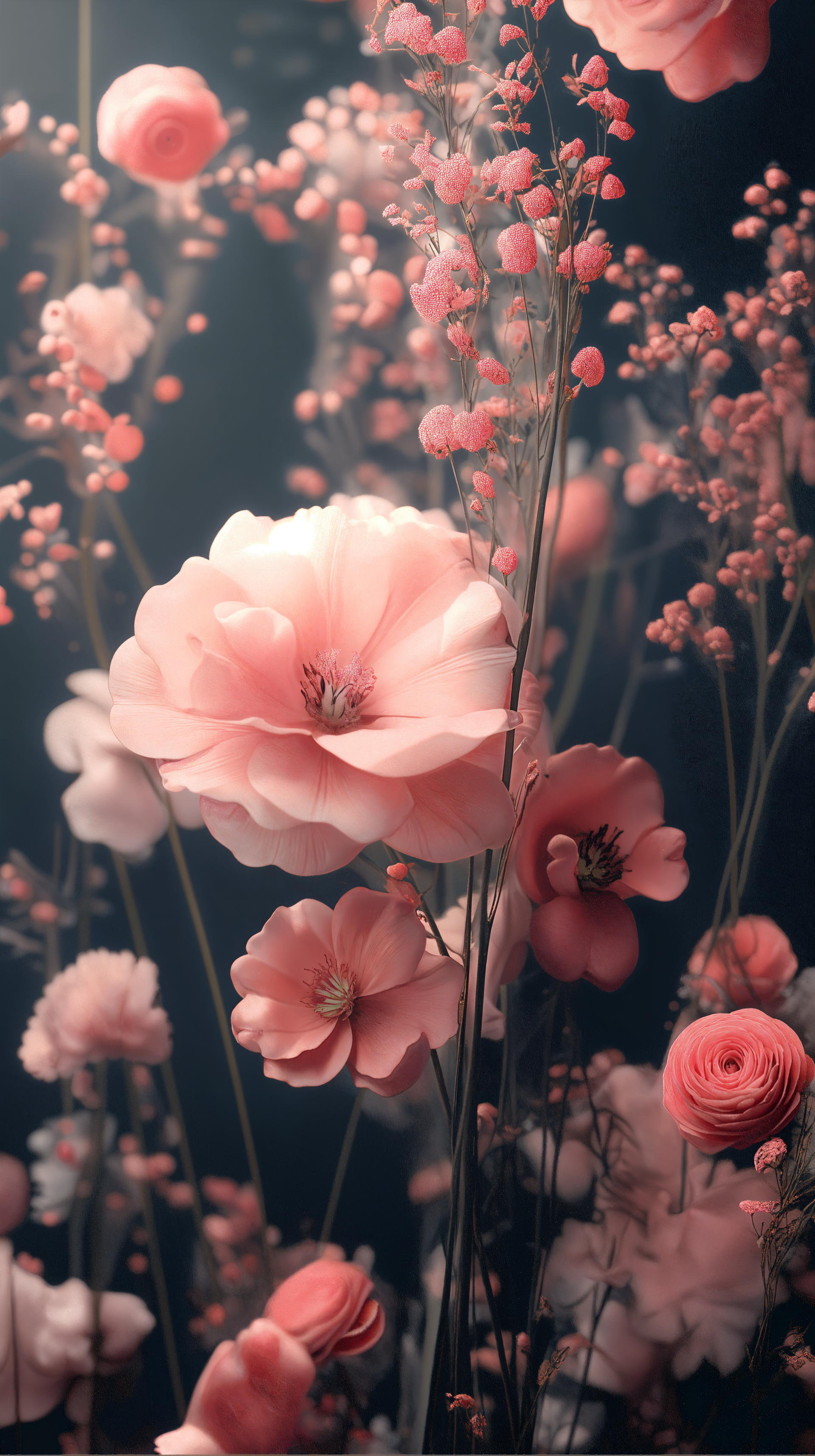 Aesthetic floral wallpaper featuring a bouquet of soft pink flowers and delicate blooms against a dark background, creating a serene and stylish atmosphere.