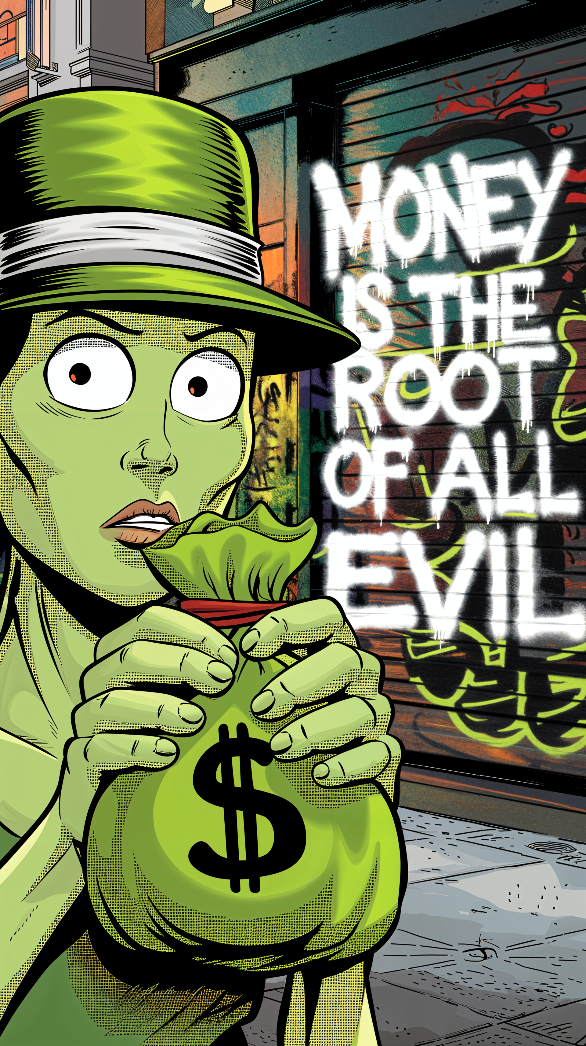 A vibrant phone wallpaper featuring a cartoon figure holding a money bag with the phrase Money is the root of all evil prominently displayed in a graffiti style.