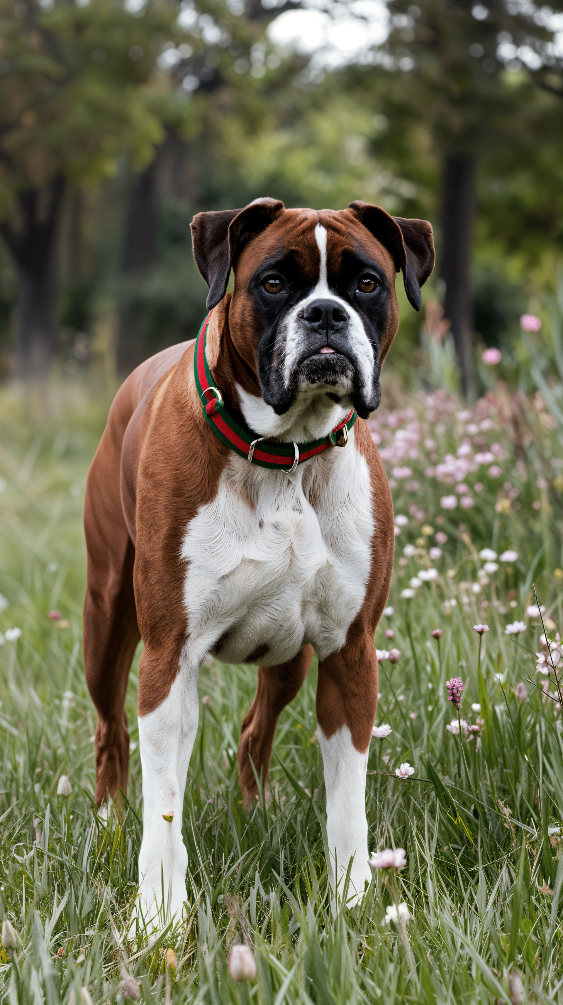 A majestic boxer dog stands proudly in a field of flowers, showcasing its muscular build and expressive face, creating a vibrant phone wallpaper.