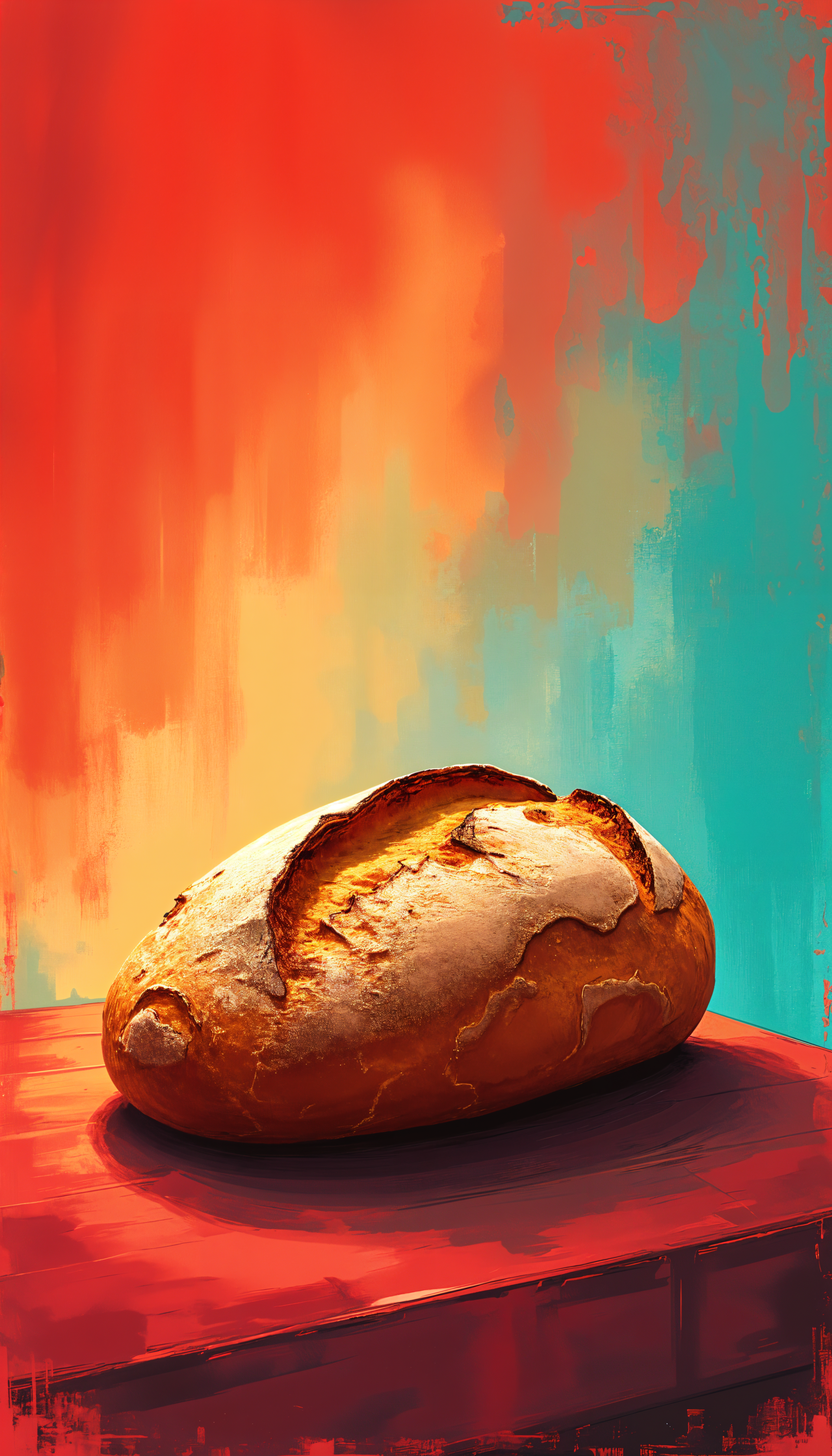 A beautifully styled loaf of sourdough rests on a table, set against a vibrant, abstract background of orange and turquoise, making for an engaging phone wallpaper.