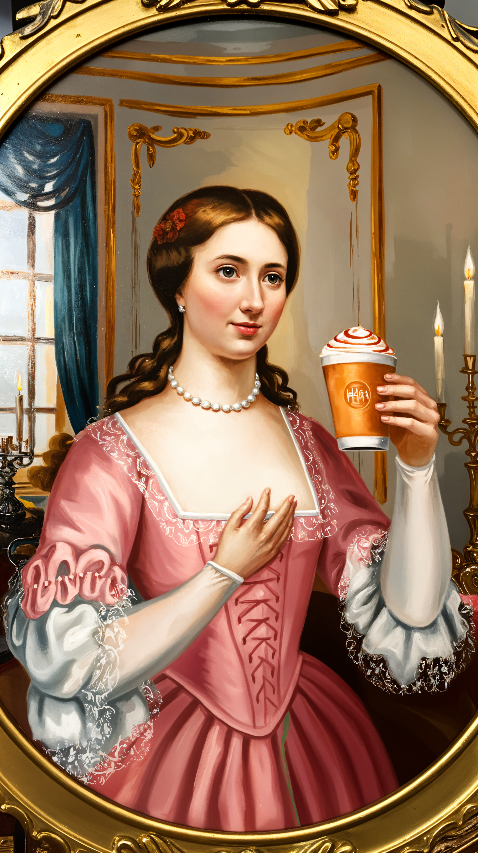 A vintage-inspired phone wallpaper featuring a woman in a pink dress holding a pumpkin spice drink, set in an elegantly decorated room with candles and classic decor.