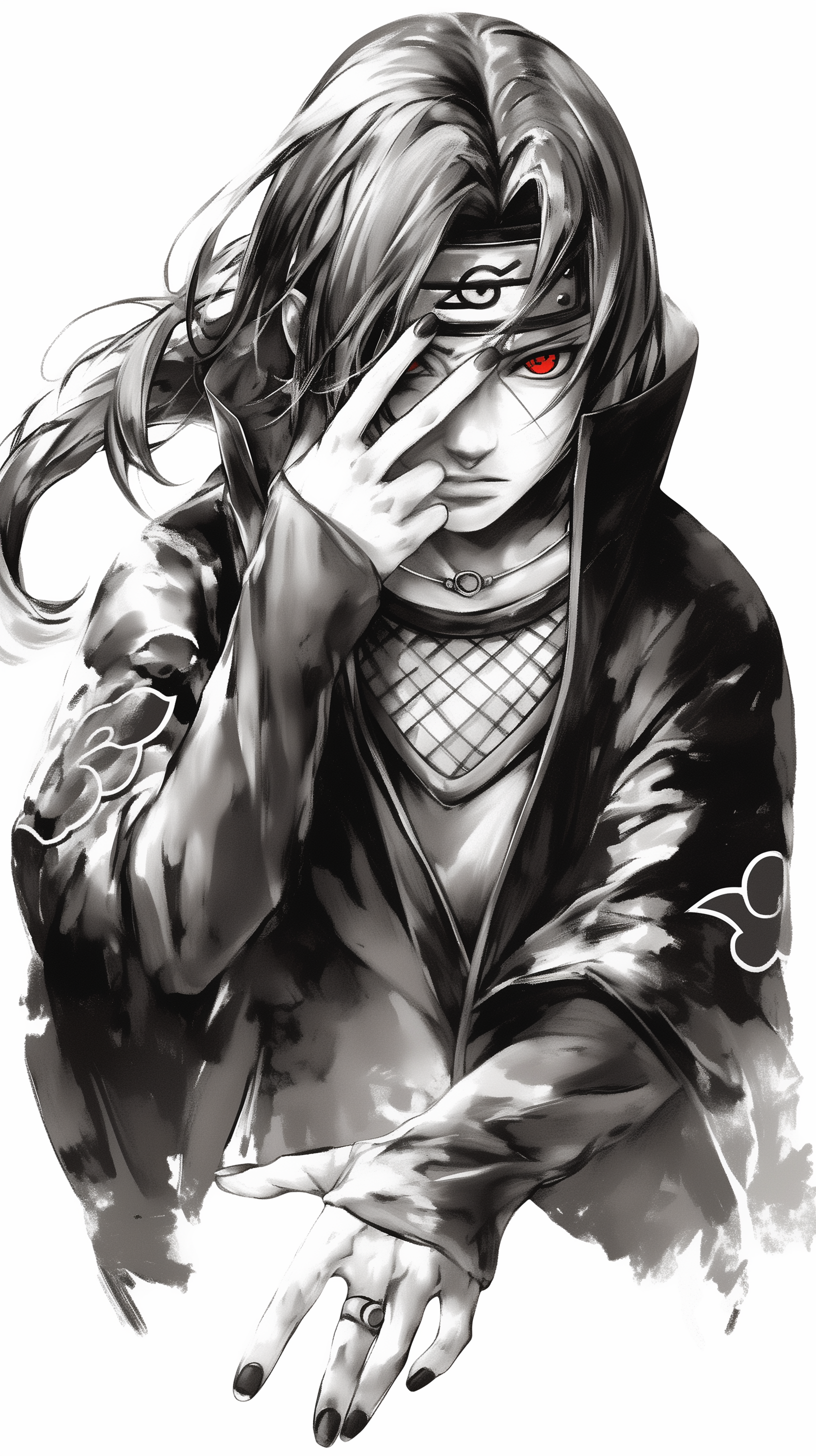 Itachi Uchiha from Naruto, depicted with Sharingan, wears a dark cloak and showcases a striking pose. This black-and-white illustration serves as an eye-catching anime wallpaper.