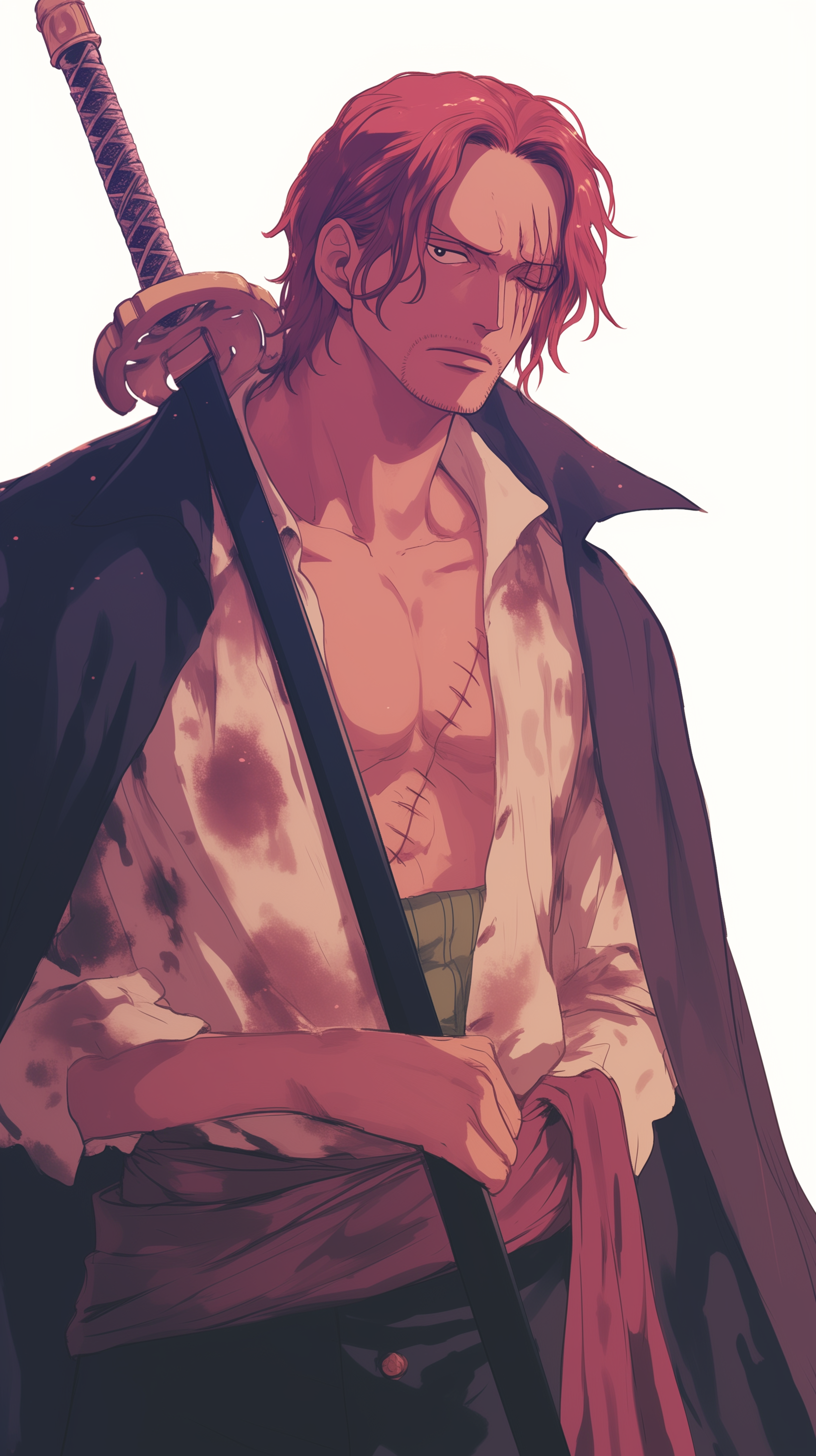 A striking anime wallpaper featuring Shanks from One Piece, portrayed with a serious expression and a sword, exuding a sense of strength and determination.
